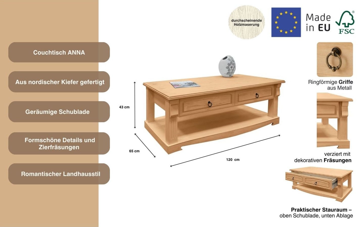 Home affaire Couchtisch »Anna«, (Gesamtmaße (B/T/H): ca. 120/65/43 cm), Kaffeetisch mit Schublade und Ablage, Massivholz, FSC®