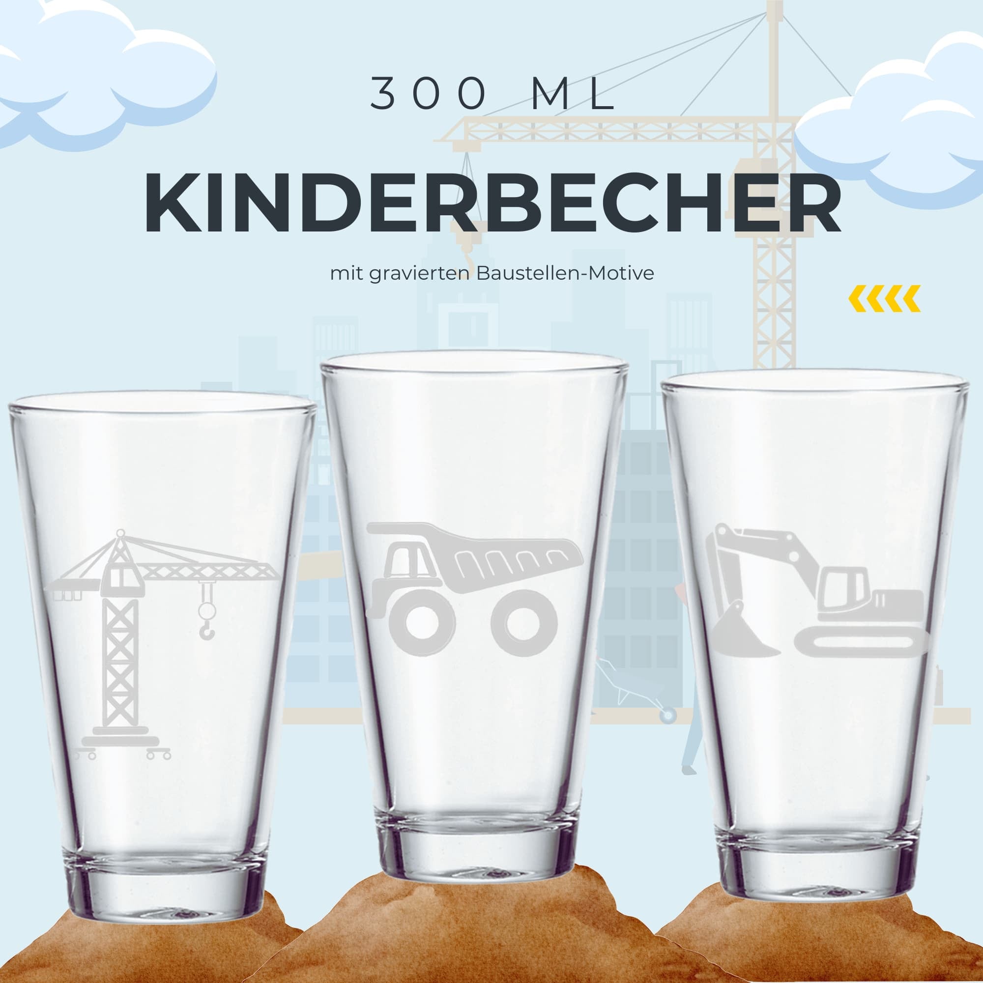 LUXENTU Kinderbecher »Kinderbecher Baustellenfahrzeuge 300 ml 3er Set transparent«