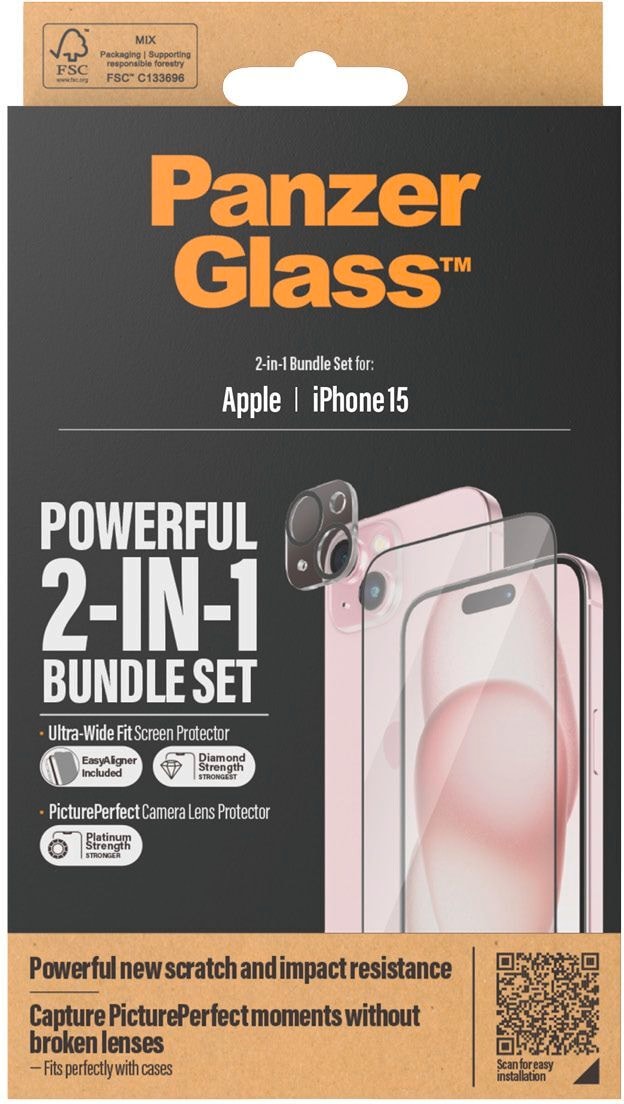 PanzerGlass Displayschutzglas »2-in-1-Pack Screen und Camera Protector«, für iPhone 15, Ultra Wide Fit