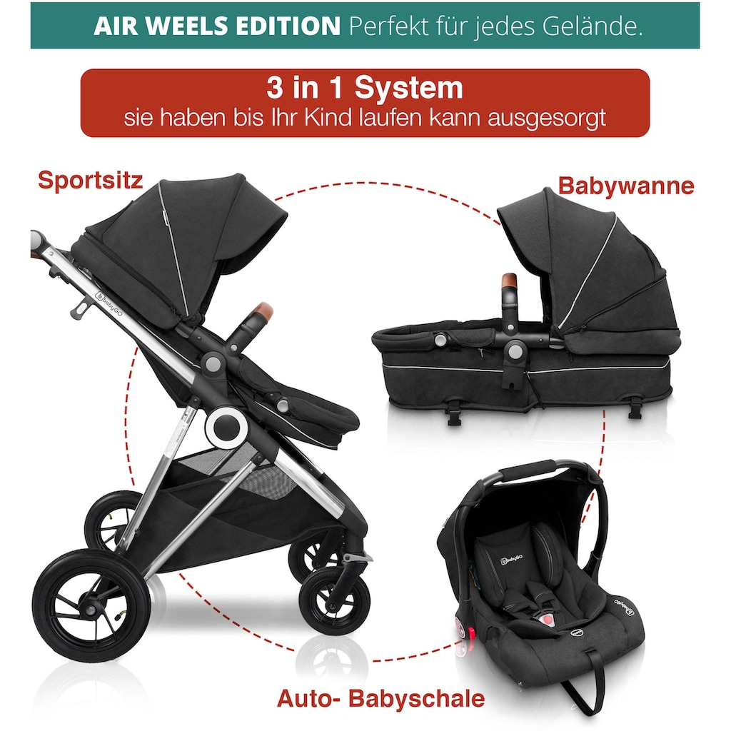 BabyGo Kombi-Kinderwagen »Halime AIR 3in1, Anthracite Silver«, mit Luftreifen, inkl. Babywanne, Babyschale, Regenhaube & Wickeltasche