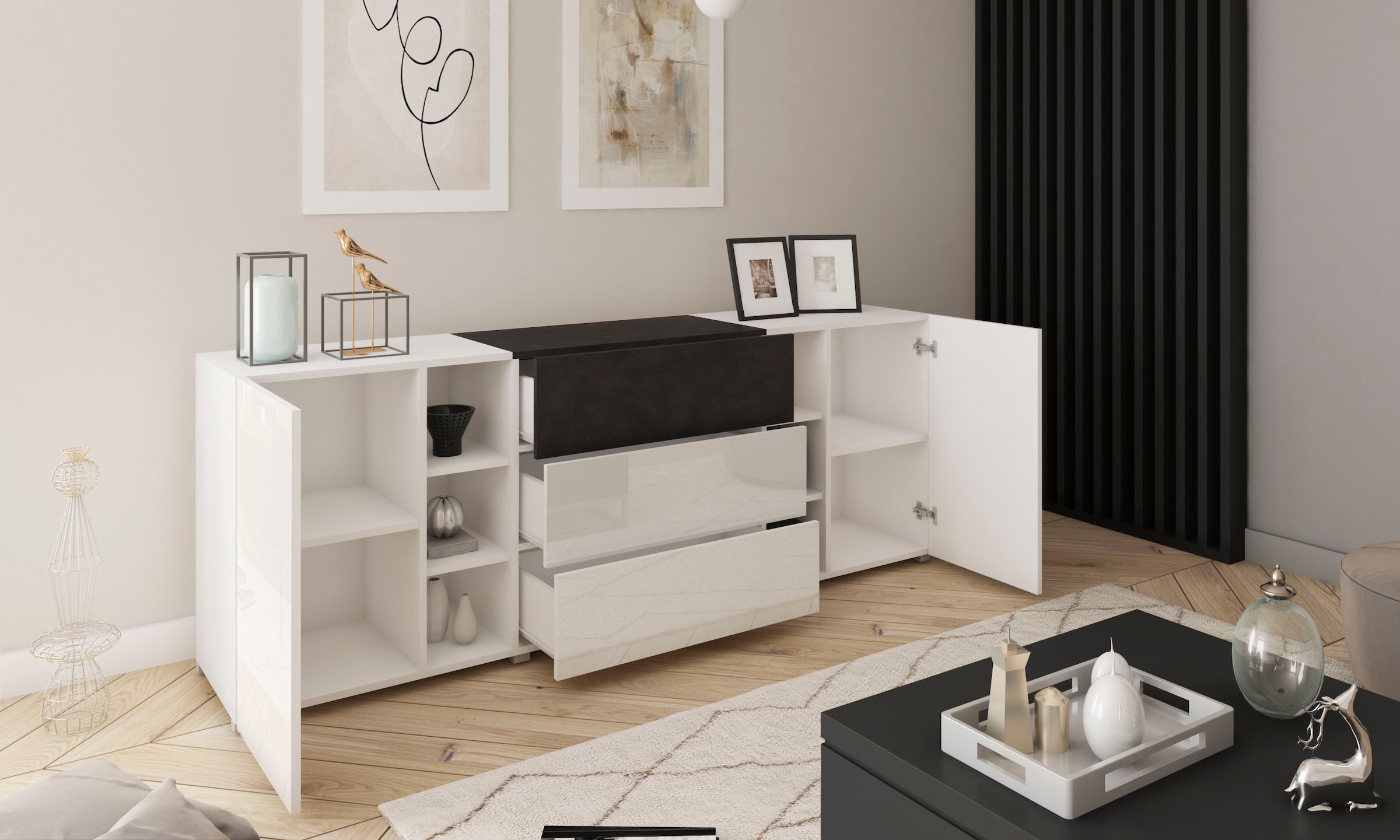 INOSIGN Sideboard »BERLIN«, Moderne grifflose Kommode Breite 190 cm, offene Fächern/ Schubladen