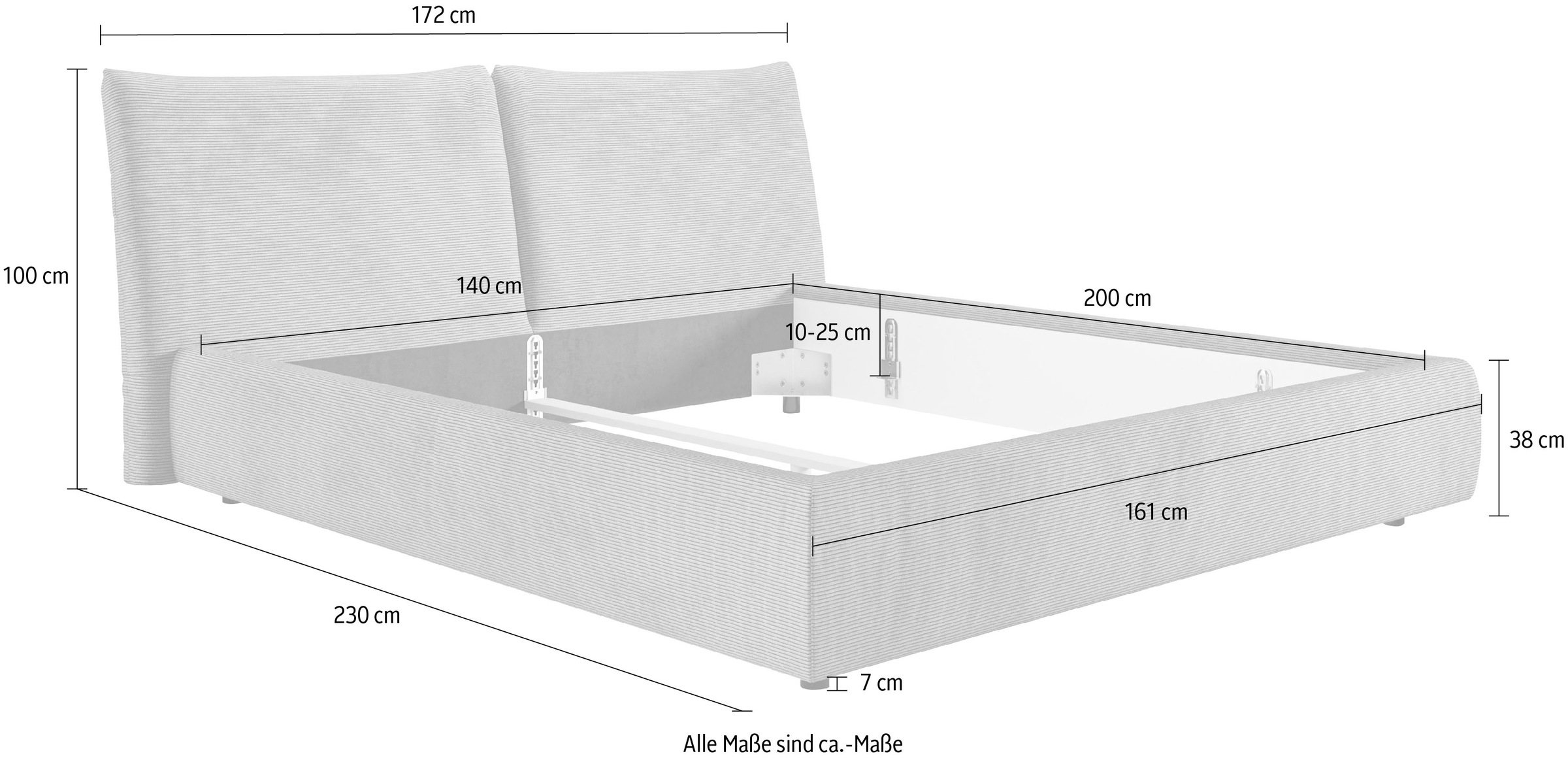 PLACES OF STYLE Polsterbett »Priora in 4 Breiten bis 200cm« auch in NaturLEDER, Cord, belastbar bis 280kg, auch Überlänge 220 cm