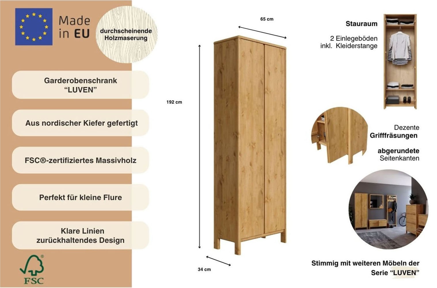 Home affaire Garderobenschrank »Luven« FSC®-zertifiziertes Massivholz, Höhe 192 cm