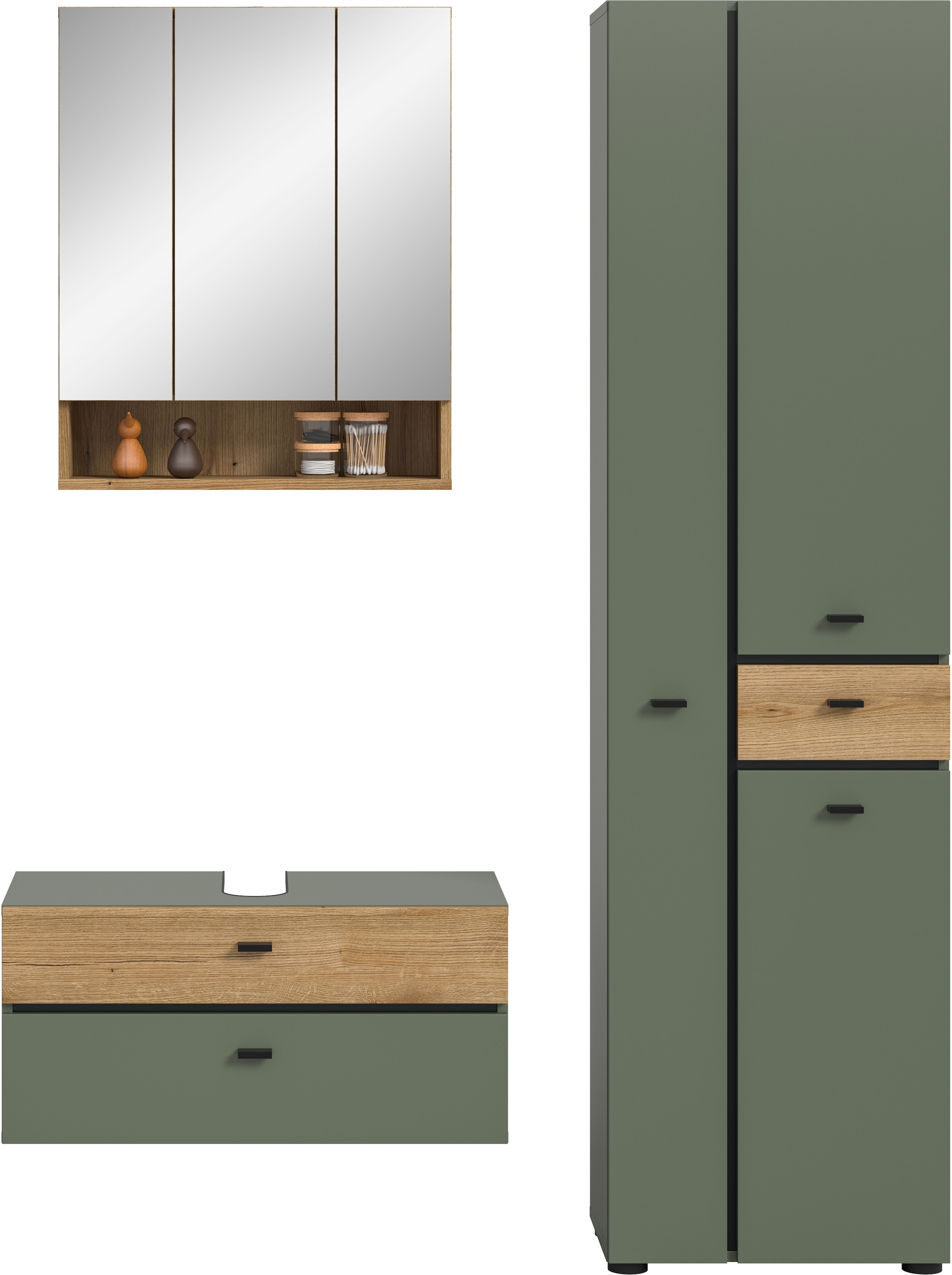 welltime Badmöbel-Set »VANN, 3-teilige moderne Badkombination, individuell stellbar« 1x Waschbeckenunterschrank, 1x Spiegelschrank, 1x Hochschrank, 3 Stk. tlg.