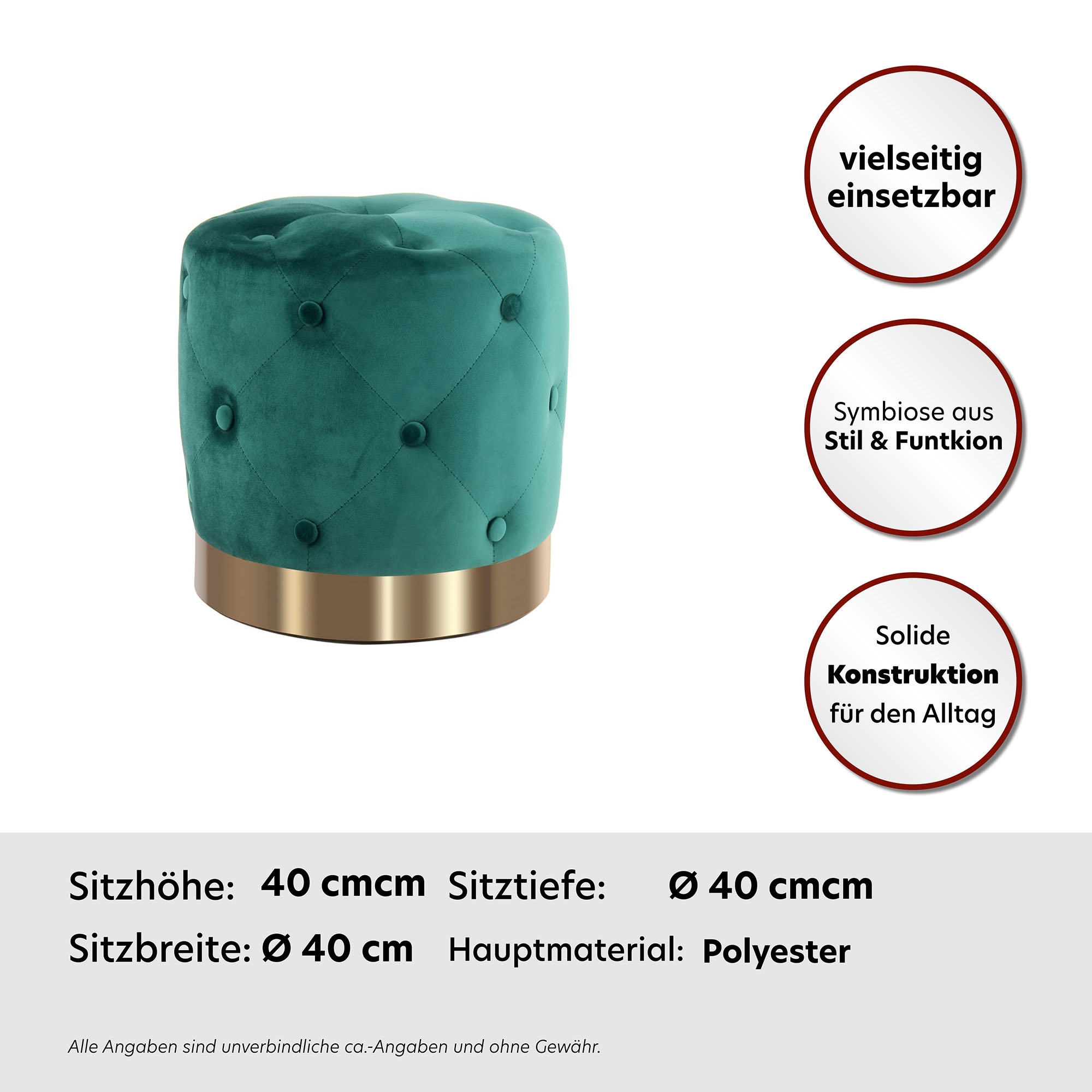 Kayoom Hocker »Piano 225,Sitzhocker mit weichem Velvet-Bezug, edles Ambient«, (1 St.), rund, glamourös, hochwertig, gesteppt, mit eingelassenen Dekoknöpfen