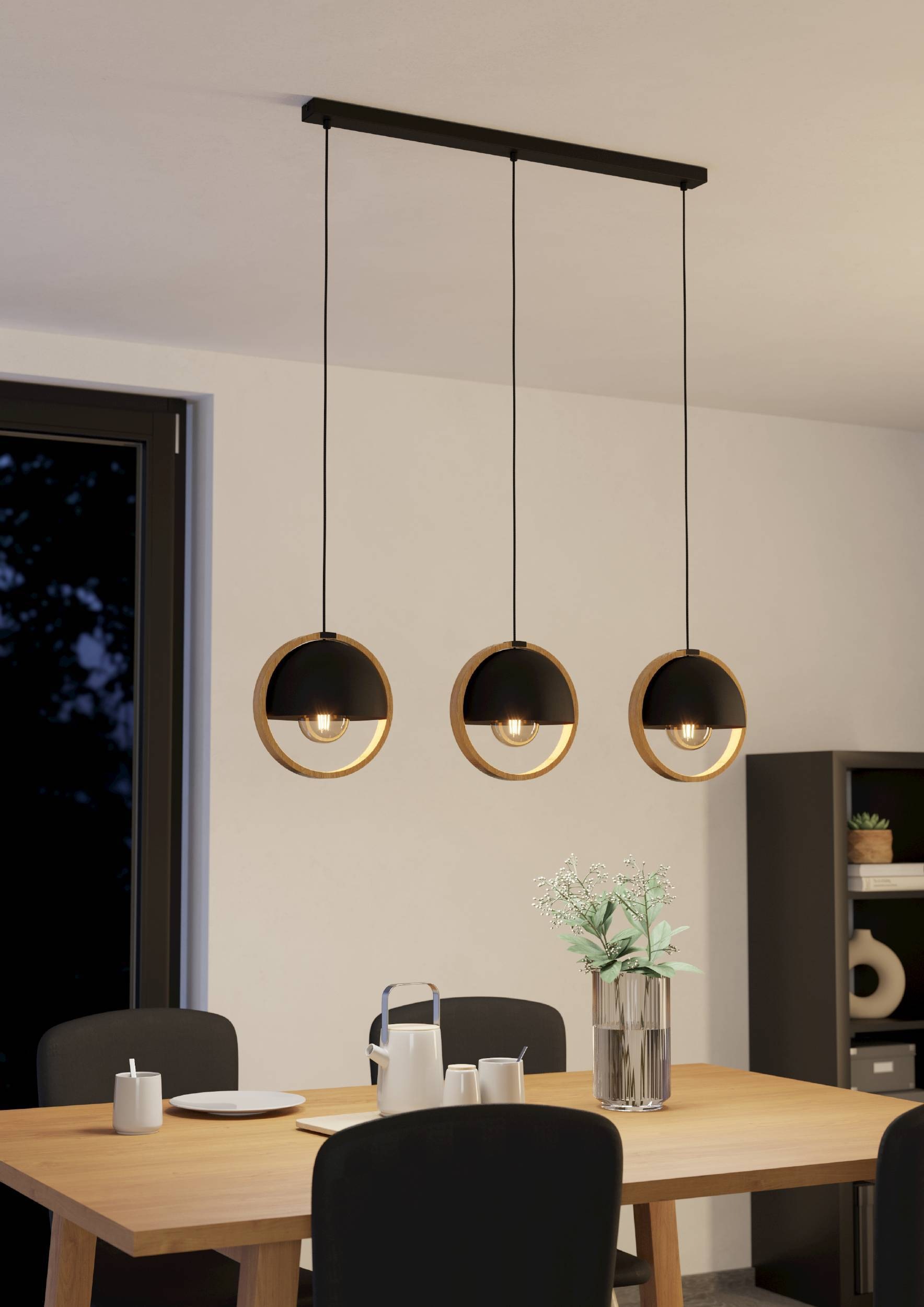 EGLO Hängeleuchte »Callow Hängelampe, Metall und Holz,  Esszimmerlampe, E27, Pendellampe« E27 1 Stk. EGLO Hängeleuchte Callow schwarz, braun 3X40W L:93 H:110 cm