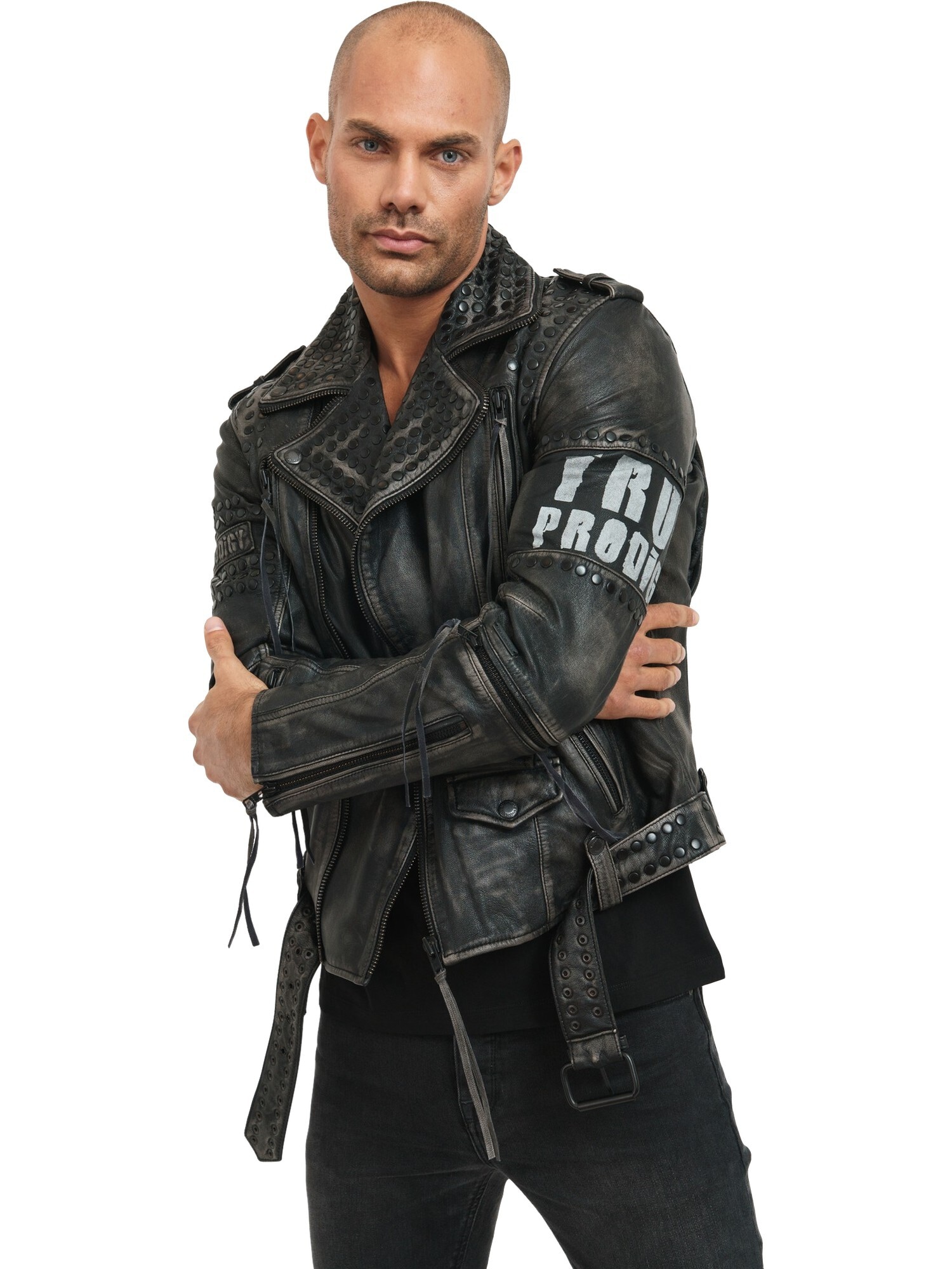 trueprodigy Lederjacke »Dwayne mit Nieten, Print und Waschung« ohne Kapuze