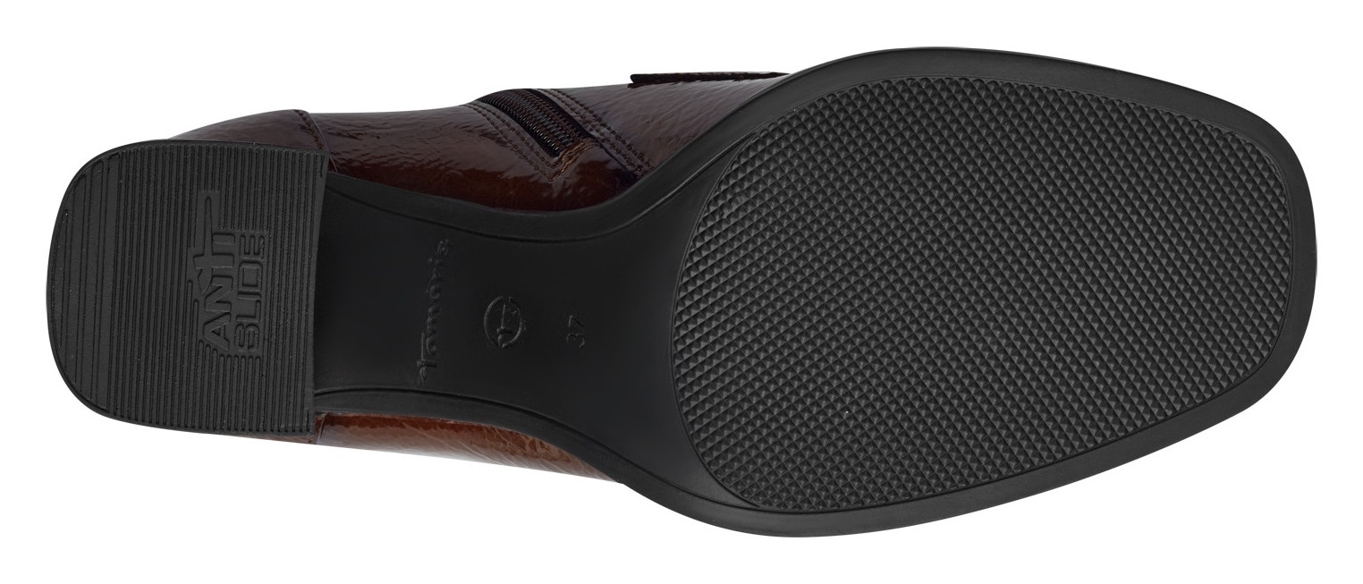 Tamaris Stiefelette, Blockabsatz, Partyschuh mit eleganter Zierkette und Logoemblem