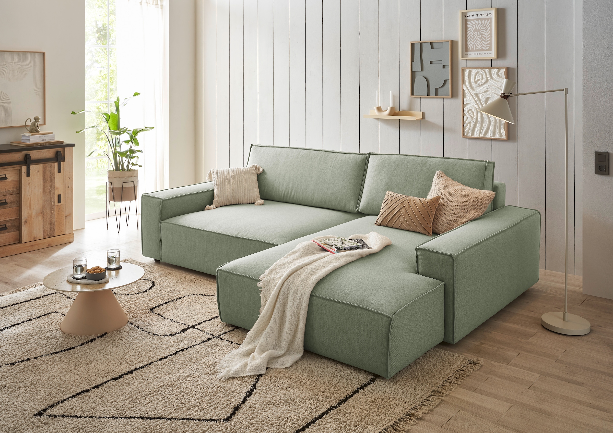 Home affaire Ecksofa »NEU: SHERWOOD XXL 284, Big-Sofa L-Form, tiefe Sitzfläche 95 cm, Cord«, Recamiere rechts/links, als Schlafsofa stellbar, Cord u. Leinenoptik