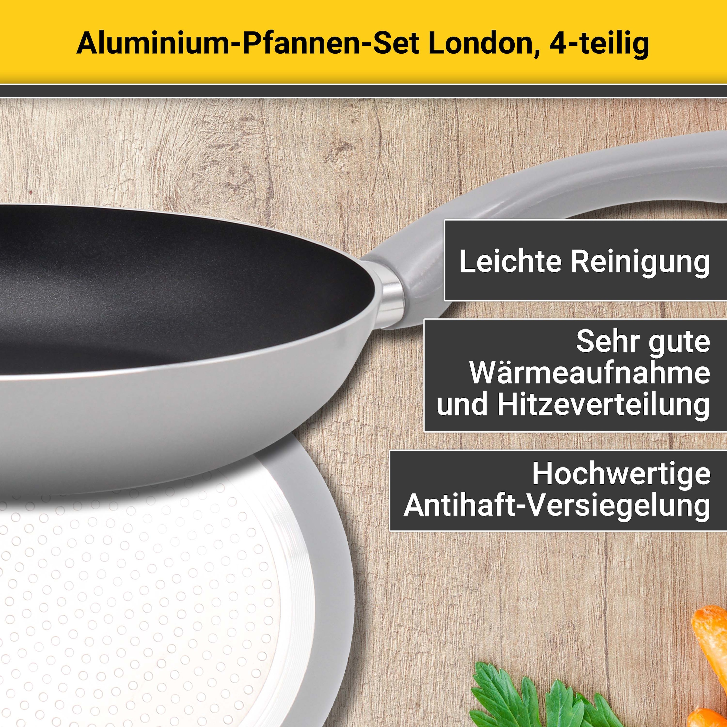 Krüger Pfannen-Set »Aluminium Pfannenset London, 4 tlg.«, Aluminium, (Set, 4 tlg., je 1 Bratpfanne Ø 20 /24 / 28 cm, 1 Pfannenwender), für Induktions-Kochfelder geeignet