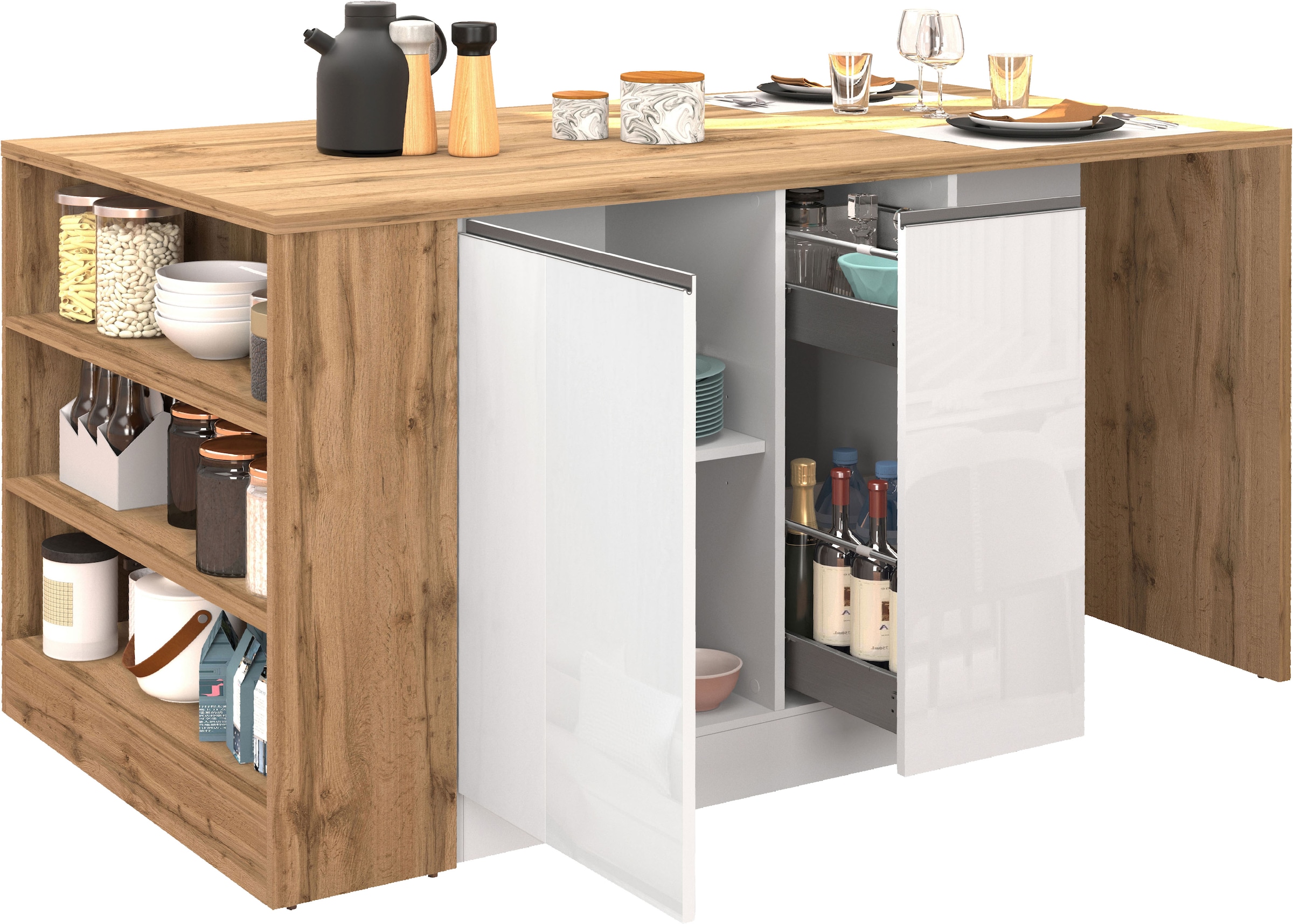 KOCHSTATION Kücheninsel »KS-Sole, Kochinsel, Küchenarbeitsblock, Arbeitsinsel, Made in Italy«, Breite 167,5 cm, 2 Apothekerauszüge, 2 Essplätze, 1 offenes Regal
