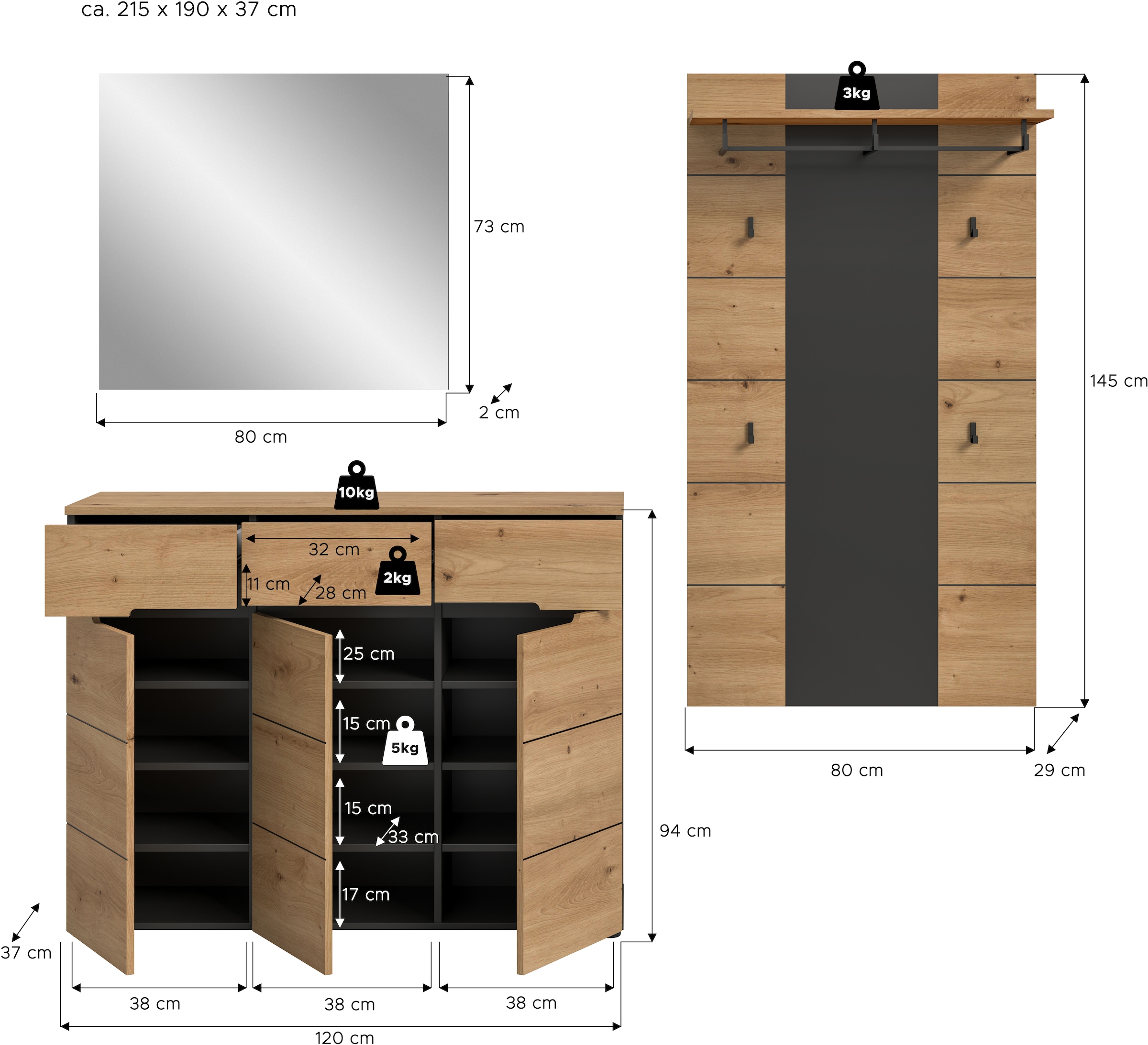 Home affaire Garderoben-Set »REHAT, TOPSELLER!, 3-teilig, Breite 215 cm, individuell erweiterbar« Set, bestehend aus: Kommode, Spiegel und Garderobenpaneel, 3 Stk. tlg.