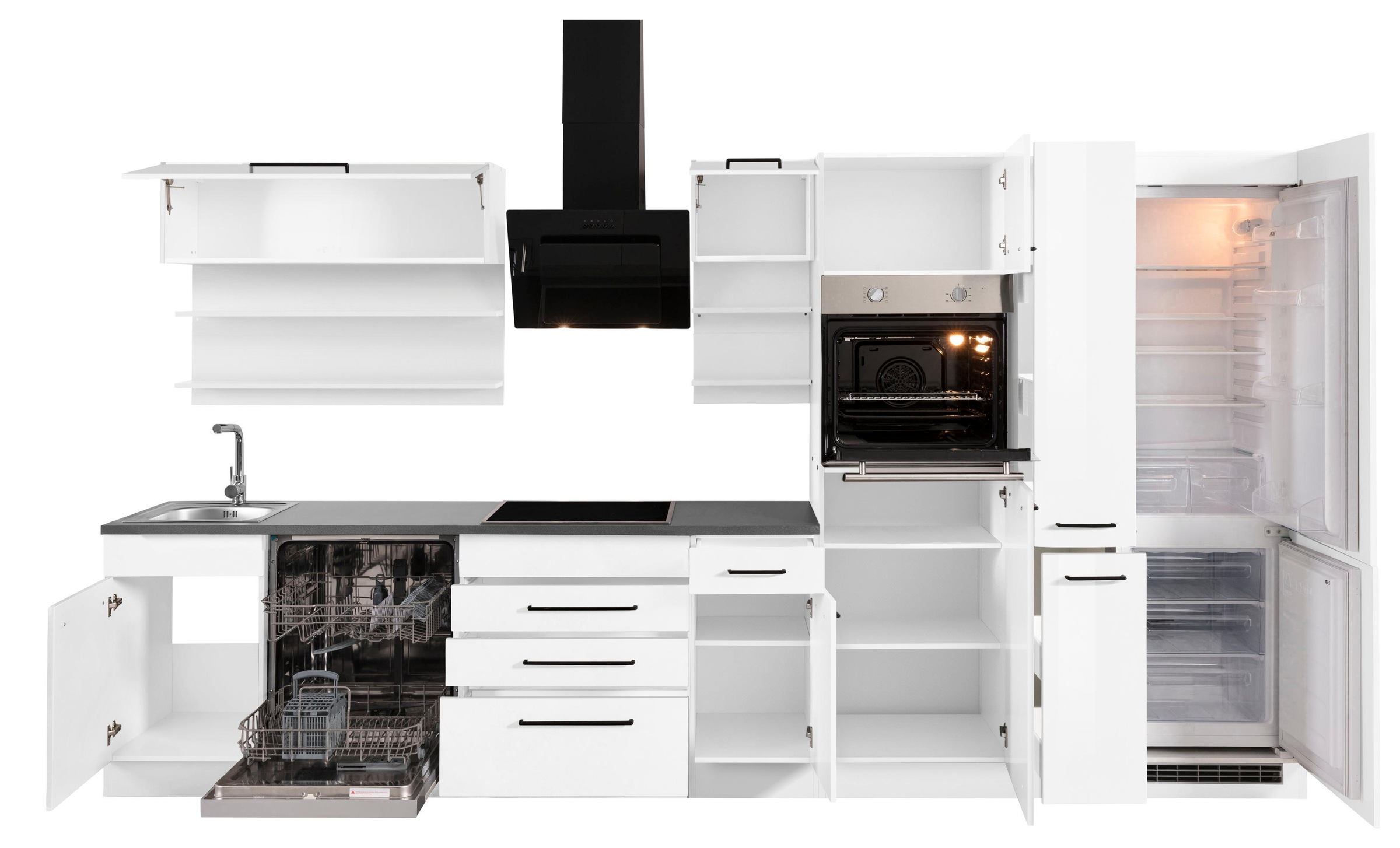 KOCHSTATION Küchenzeile »KS-Tulsa«, mit E-Geräten, Breite 360 cm, schwarze Metallgriffe, MDF Fronten