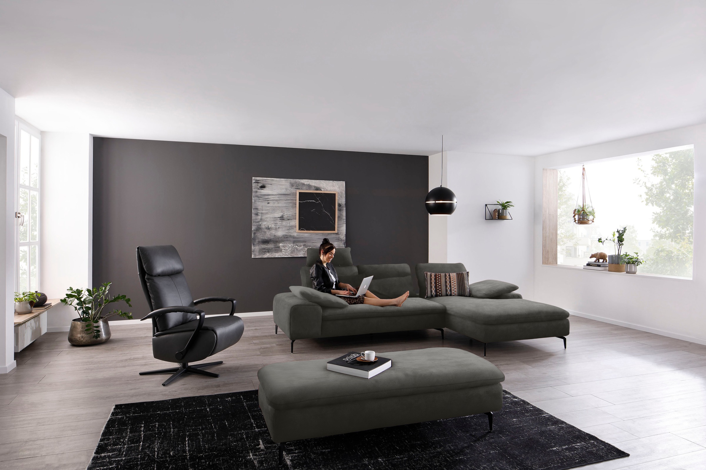 W.SCHILLIG Ecksofa »valentinoo, Designsofa, bequem, elegant und zeitlos, L-Form«, (Set), inklusive Hocker, mit Sitztiefenverstellung, Breite 299 cm