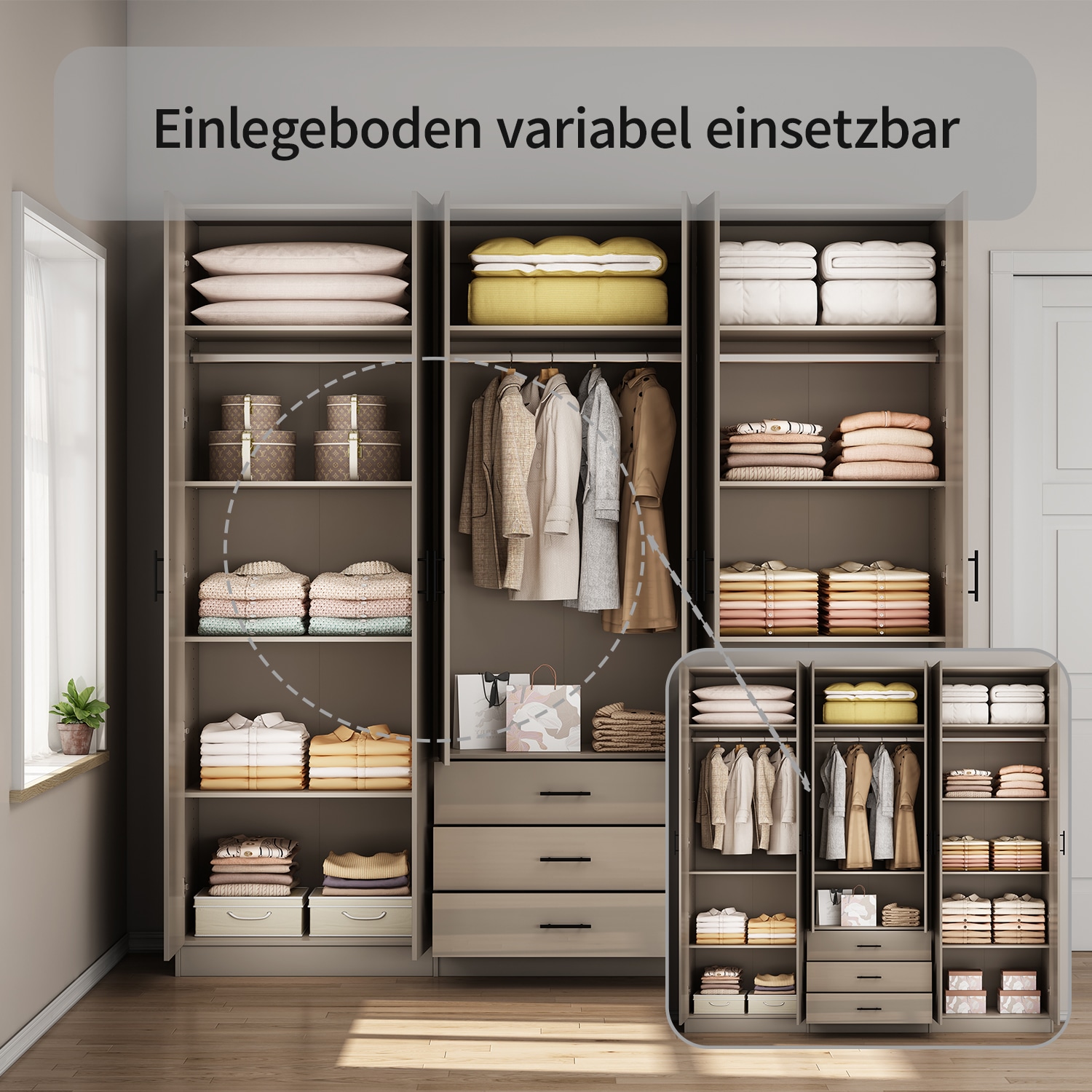 OTTO home Kleiderschrank »Trento Schlafzimmerschrank Garderobe hochglanz« in 2 unterschiedlichen Schrankhöhen wählbar,  Schrank mit 6 Türen und 3 Schubladen, hochglanz Fronten, Höhe 2,39m