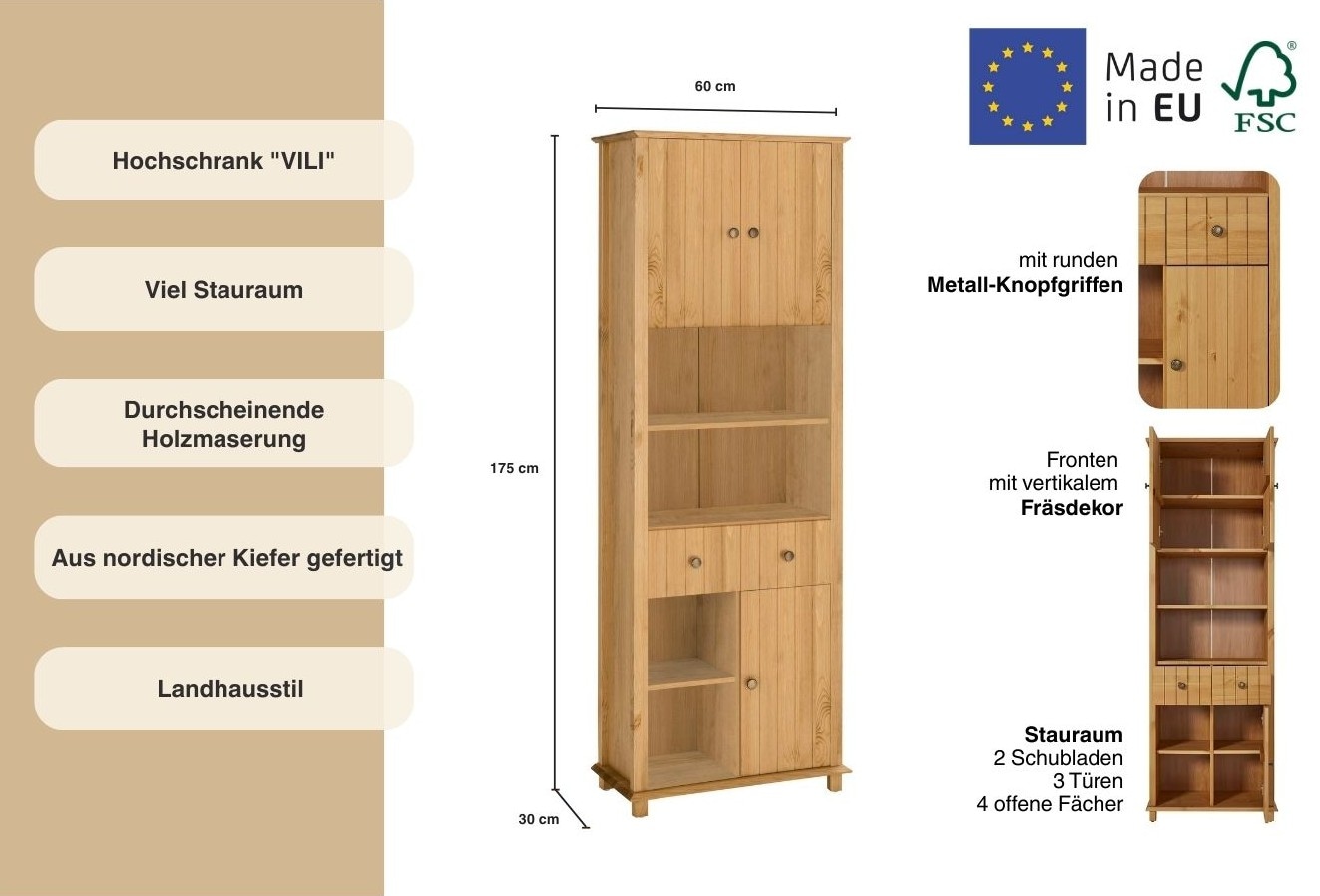 Home affaire Hochschrank »Vili« Badezimmerschrank, Höhe 175 cm, 2 Schubladen, 3 Türen, aus Massivholz