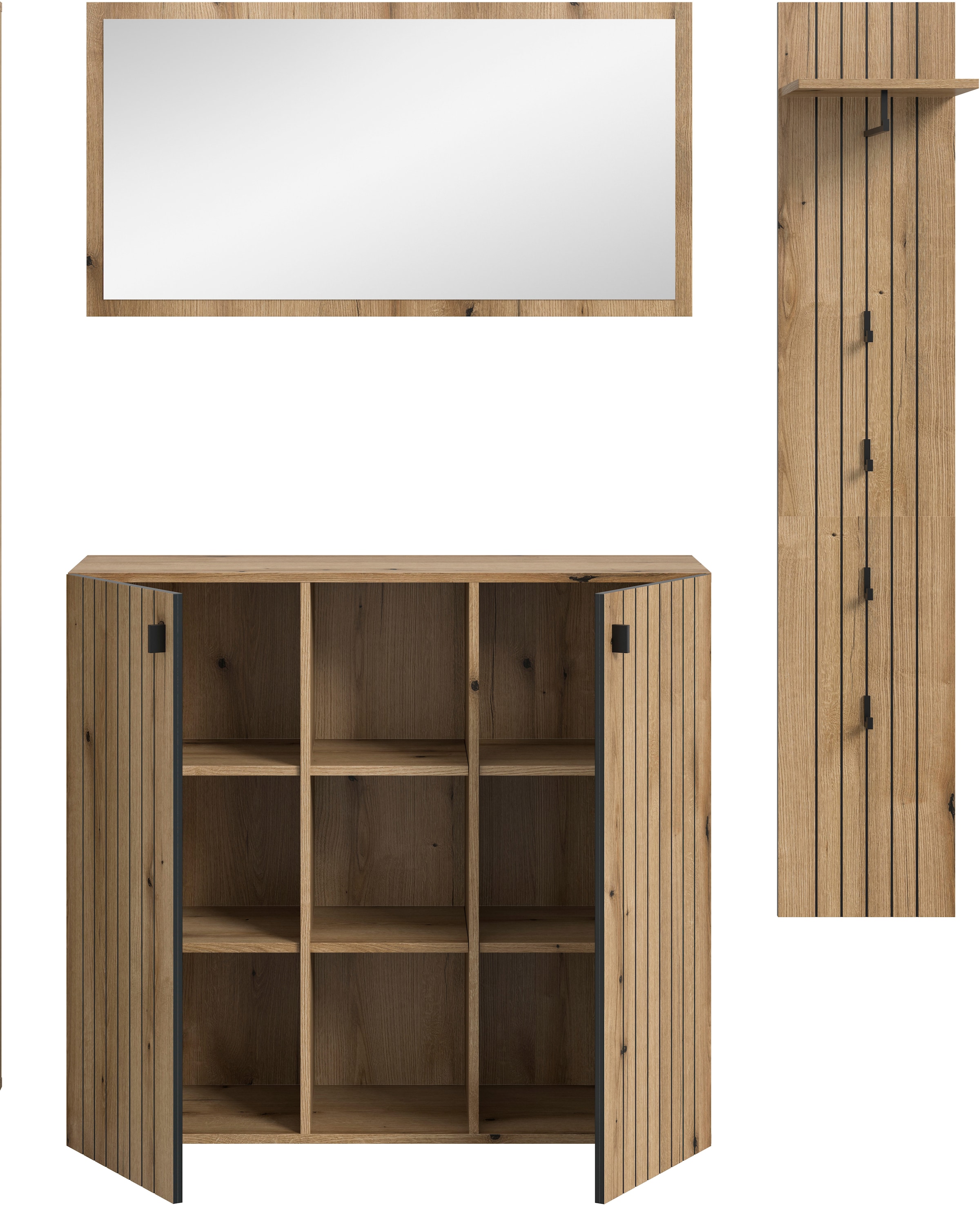 Home affaire Garderoben-Set »TATIO, 3-tlg. Garderobenkombination, Breite:157cm, Rillenfräsung« Set, Set, best. aus: 1 Spiegel, 1 Garderobenpaneel, 1 Schuhkommode, 3 Stk. tlg.