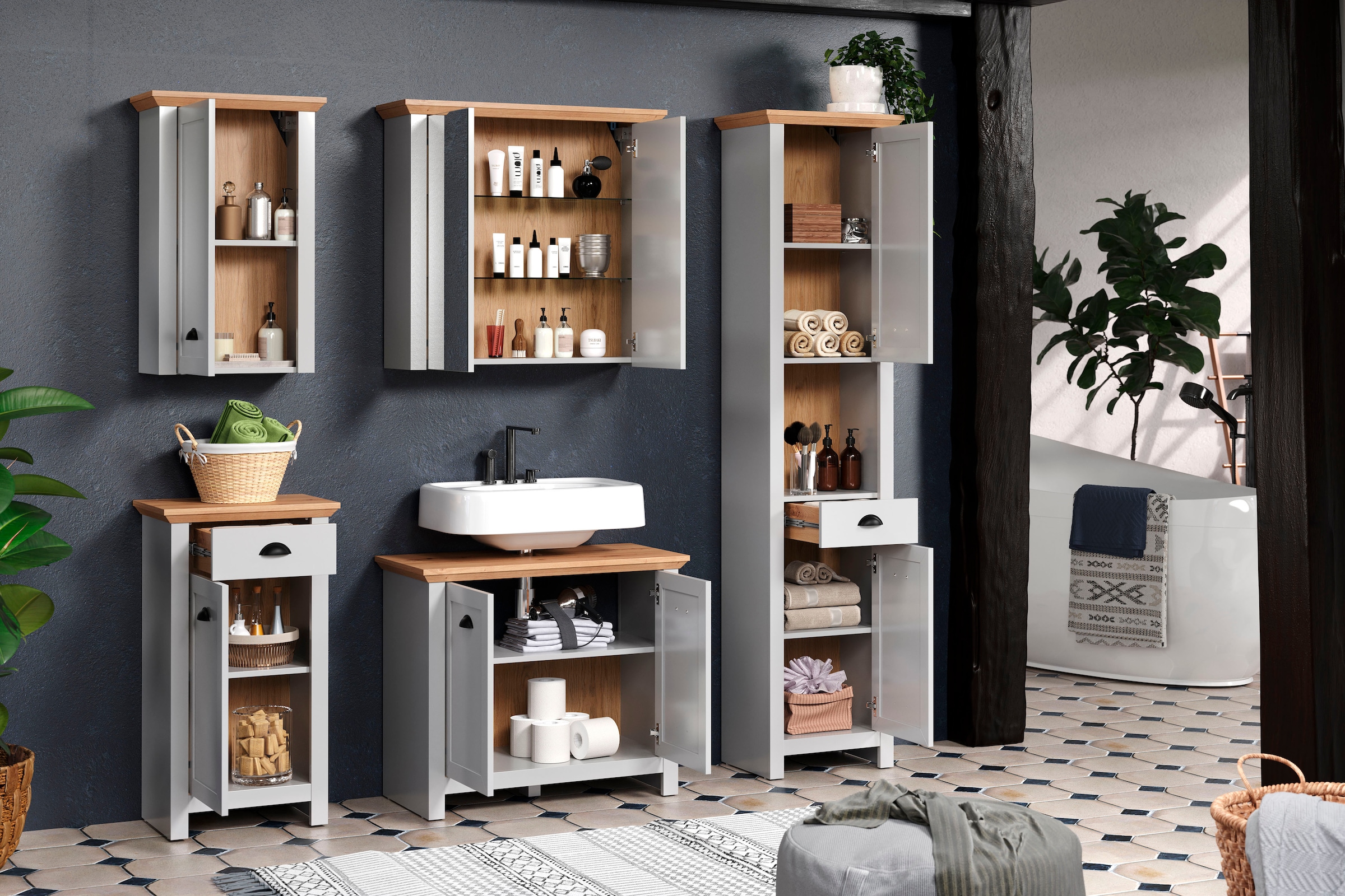 Home affaire Hängeschrank, Badschrank mit Muschelgriff im Landhaus-Look - (B/T/H) 46/24/73 cm