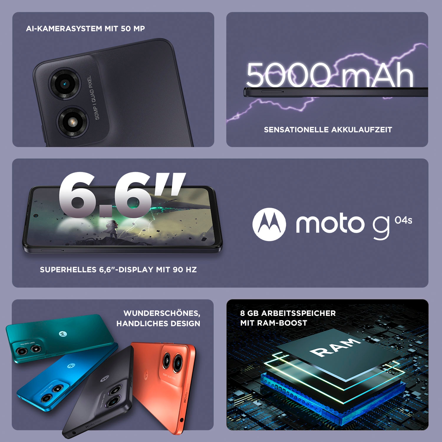 Motorola Smartphone »moto G04s 64GB«, Concord Schwarz, 16,67 cm/6,6 Zoll, 64 GB Speicherplatz, 50 MP Kamera