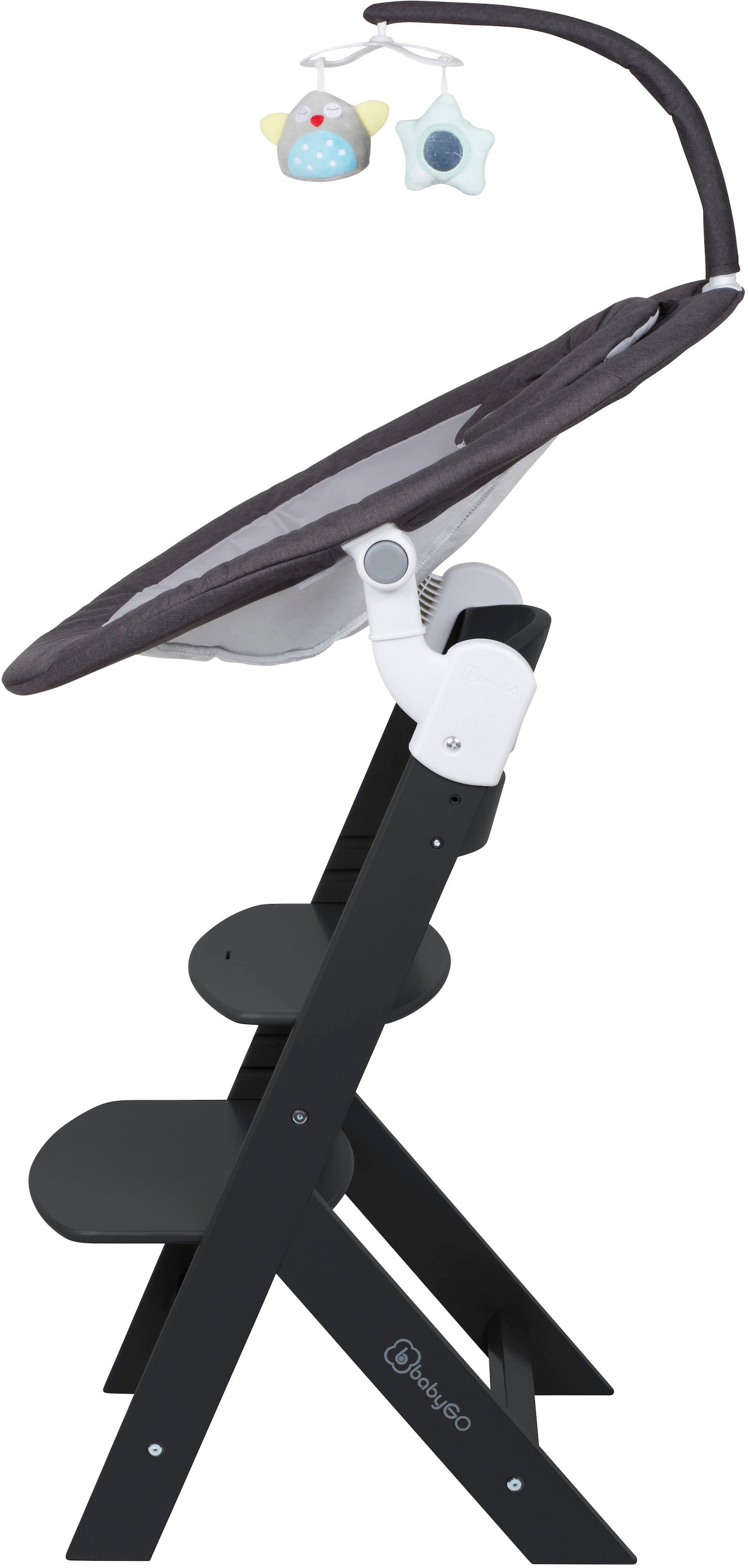 BabyGo Hochstuhl »Family Homey Set, schwarz/dunkelgrau« () mit elektrischer Babywippe inkl. Spielbogen