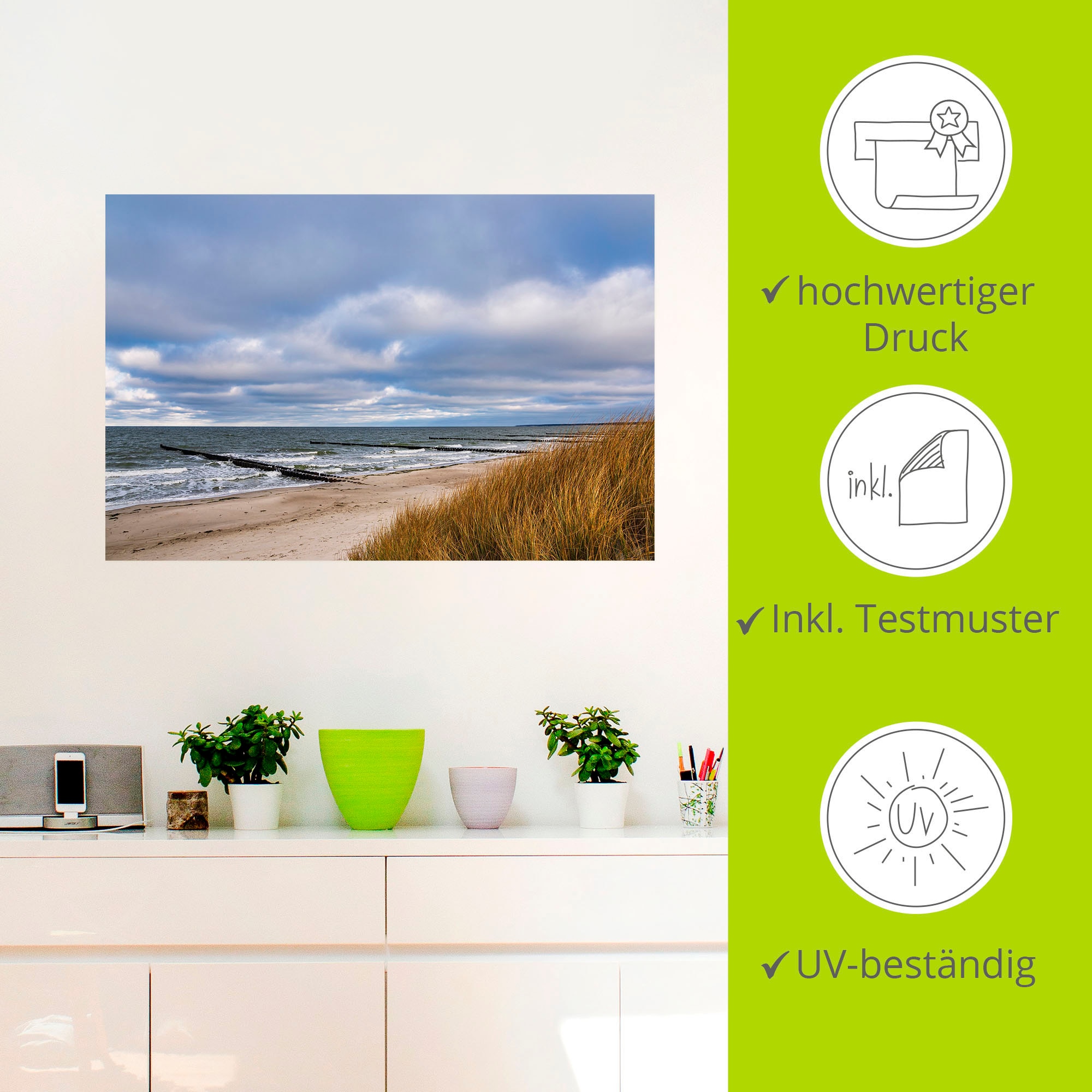 Artland Wandbild »Buhnen an der Küste der Ostsee III«, Strandbilder, (1 St.), als Alubild, Leinwandbild, Wandaufkleber oder Poster in versch. Größen