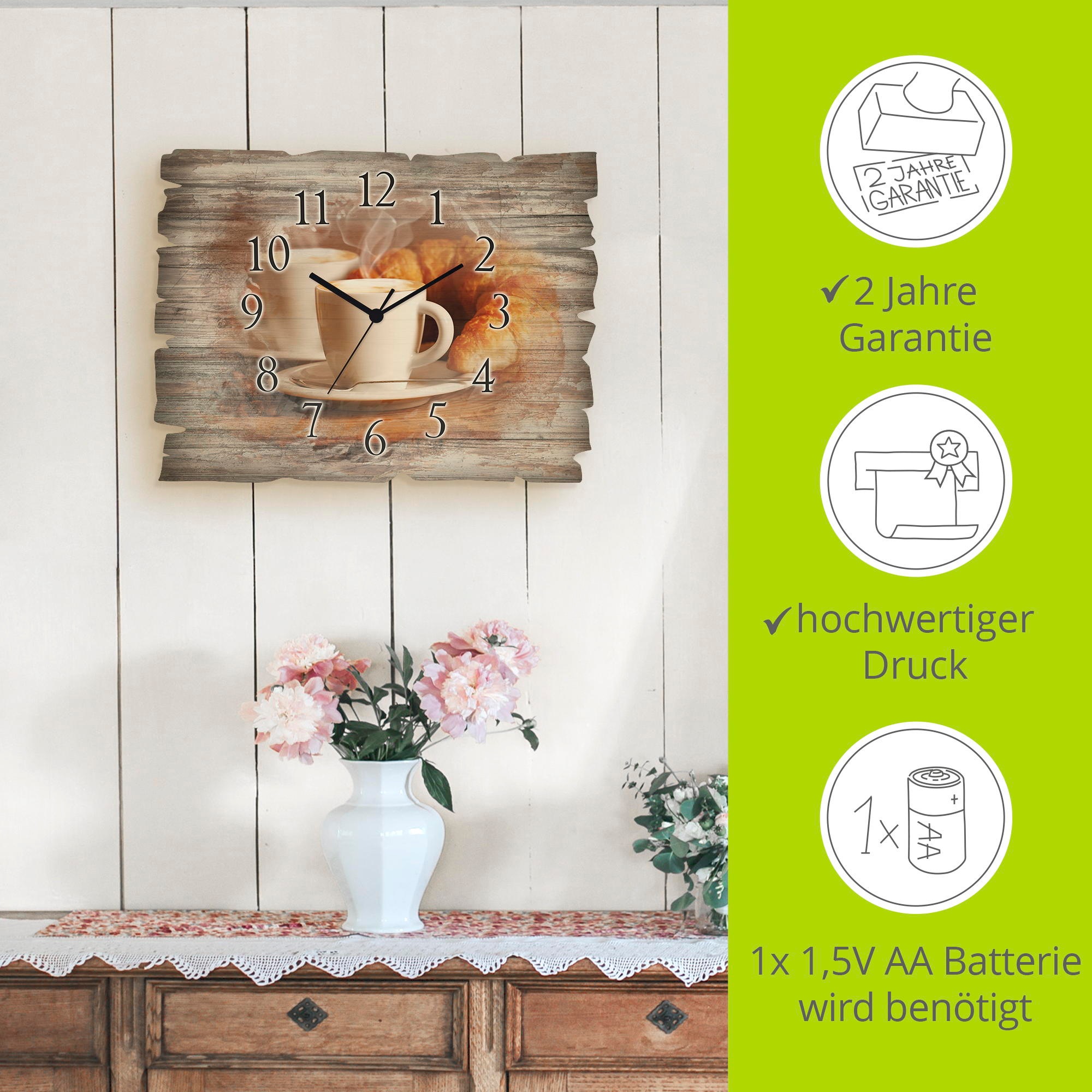 Artland Wanduhr »Dampfender Cappuccino und Croissant« wahlweise mit Quarz- oder Funkuhrwerk, lautlos ohne Tickgeräusche