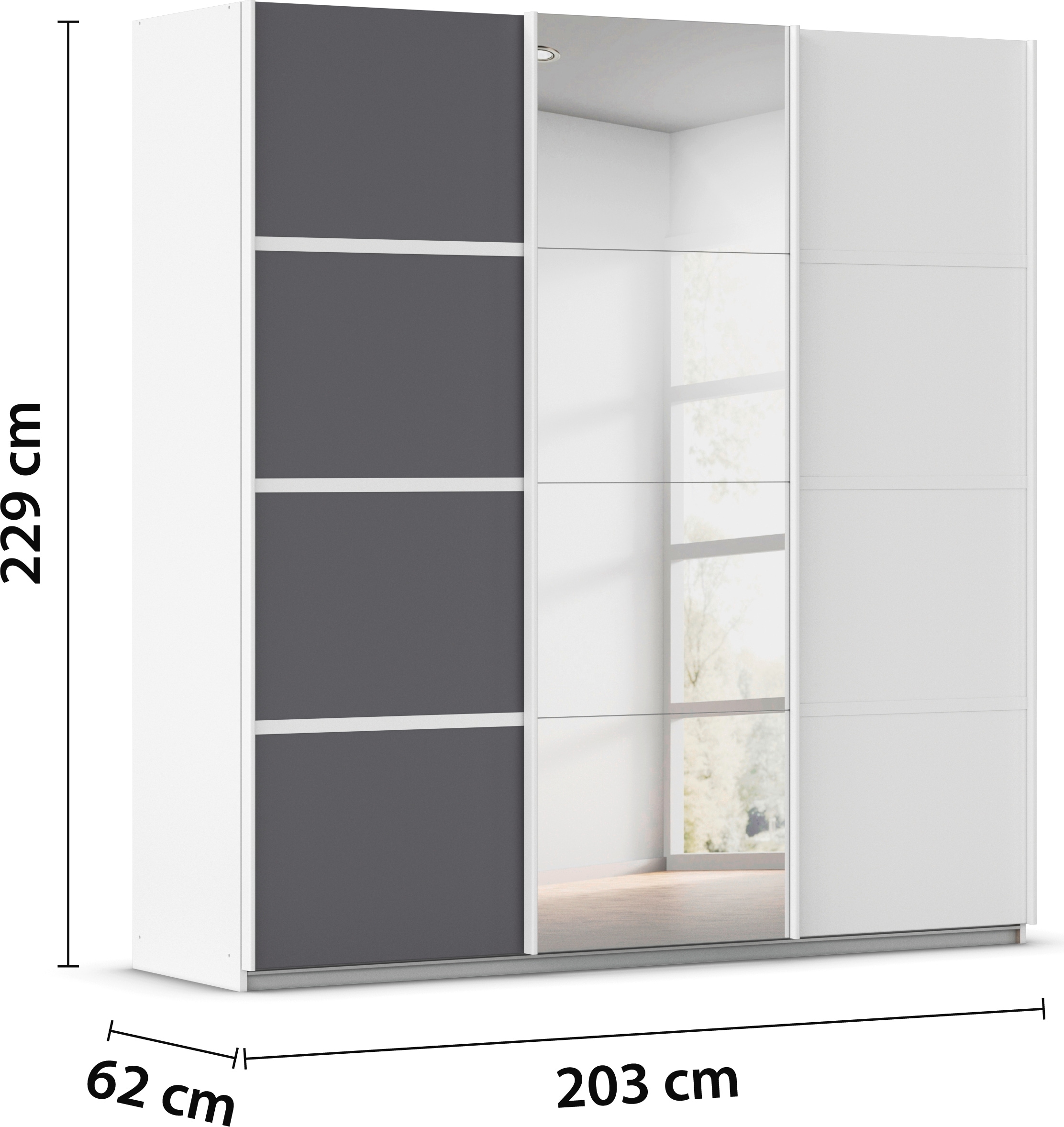 rauch Kleiderschrank »Schwebetürenschrank OTTO´s Choice Garderobe Schrank TOP ANGEBOT Avola«, (in 3 verschiedenen Ausstattungen BASIC/CLASSIC/PREMIUM inkl. Spiegel), mit eleganten Zierleisten in Chrom, Schwarz oder Weiß MADE IN GERMANY