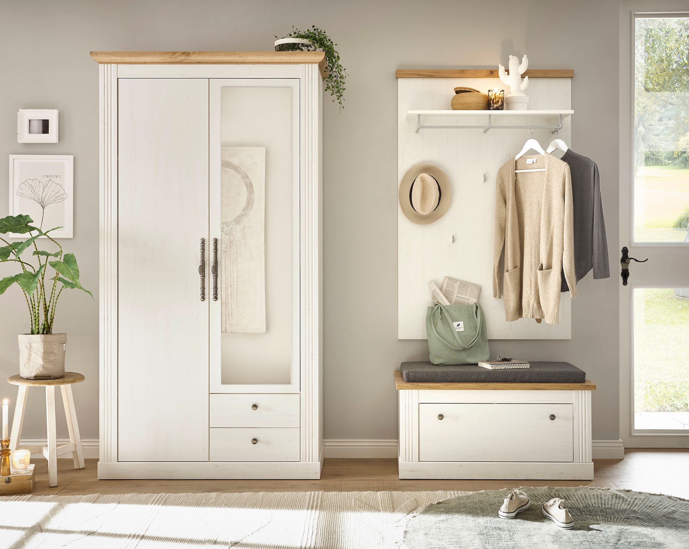 Home affaire Garderoben-Set »WESTMINSTER TOPSELLER!«, (3 St., Schuhbank, Paneel, Garderobenschrank), im romantischen Landhausstil