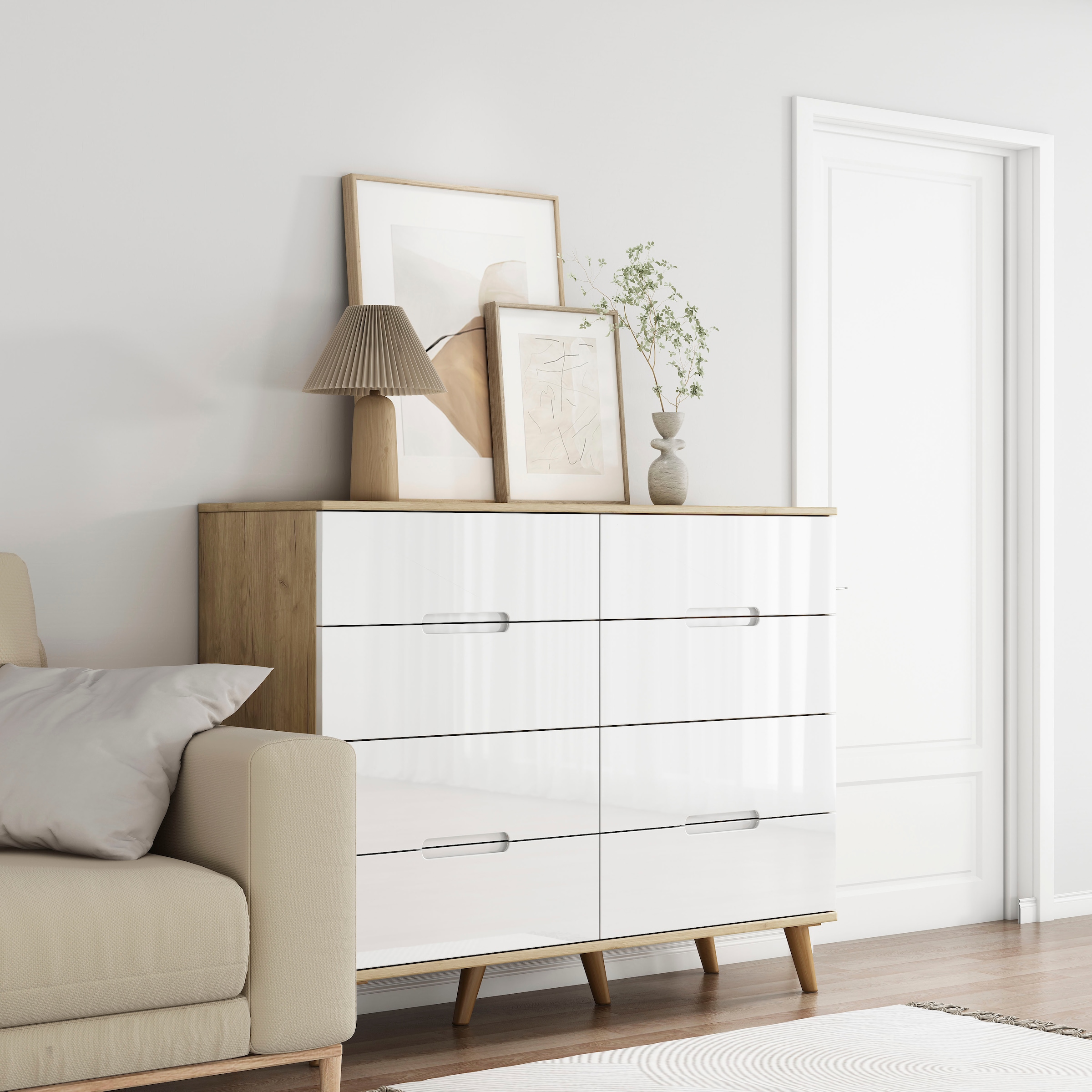 OTTO home Kommode »Lund« mit glänzenden Fronten, Griffmulden, helles Holzdekor, Breite 120 cm