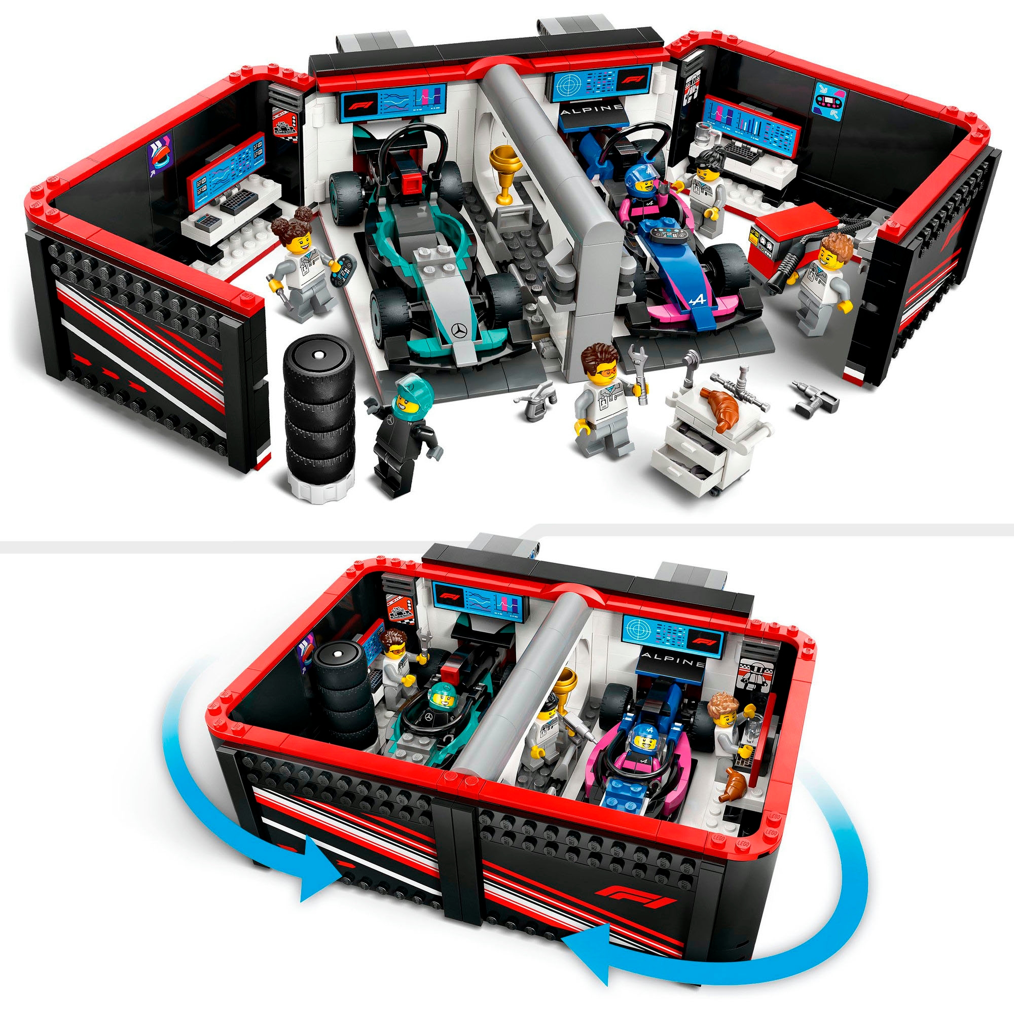 LEGO® Konstruktionsspielsteine »F1® Garage mit Mercedes-AMG & Alpine Rennautos (60444), LEGO City«, (678 St.), Made in Europe