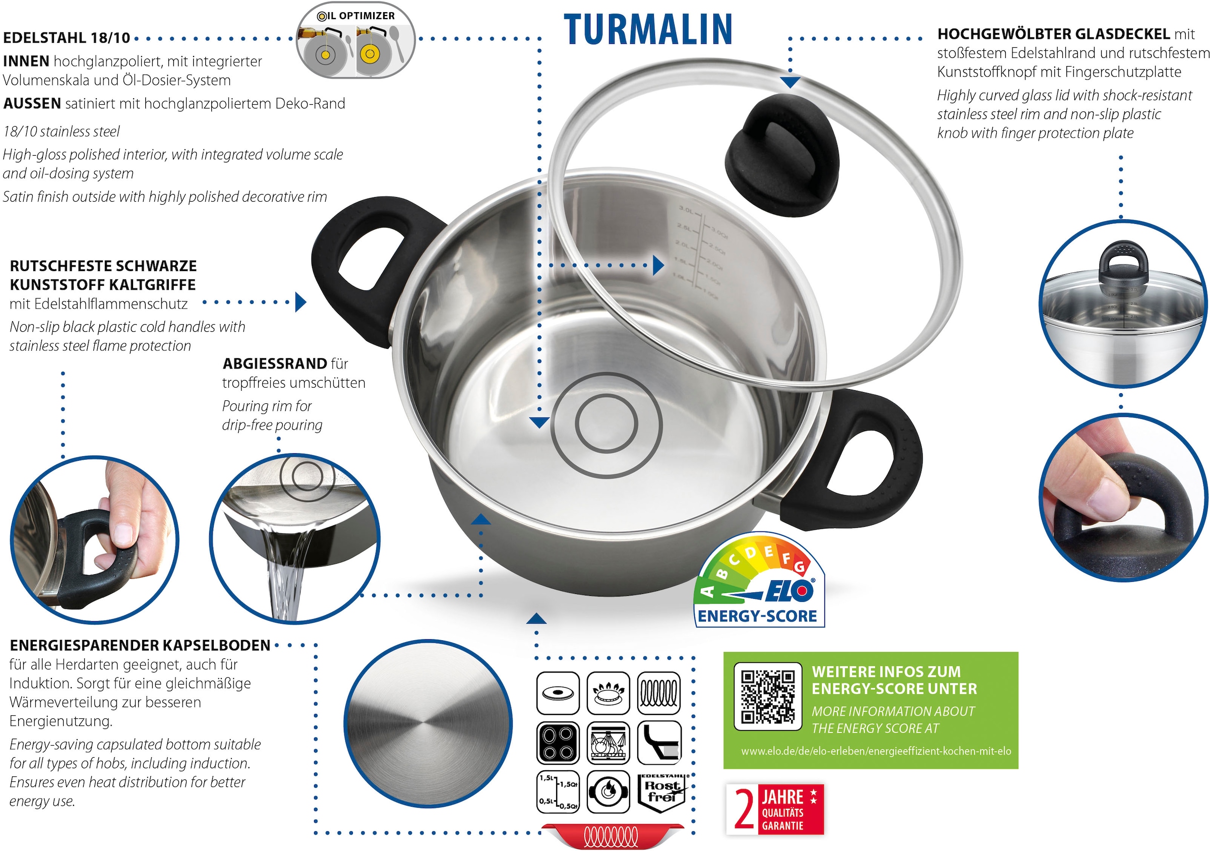 Elo Basic Kasserolle »Turmalin«, Edelstahl 18/8, (1 tlg.), Öl Dosierringe, Induktion, Ø 16 cm