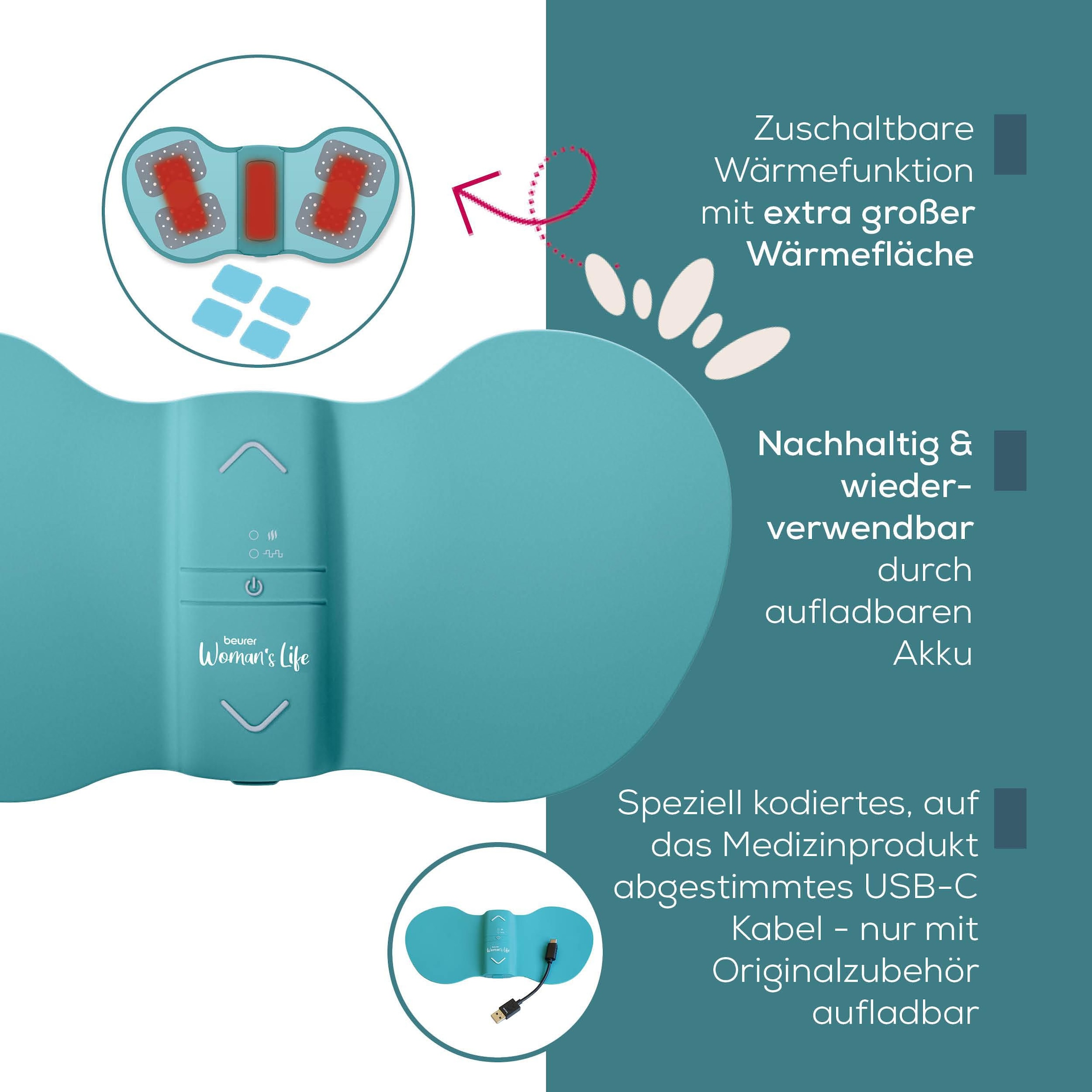 BEURER Menstruations-Pad »EM 55 Menstrual Relax+ mit Wärme und TENS-Funktion«, (Inkl. 4 selbsthaftenden Gel-Pads), Schmerzlinderung bei Menstruationsschmerzen und Endometriose