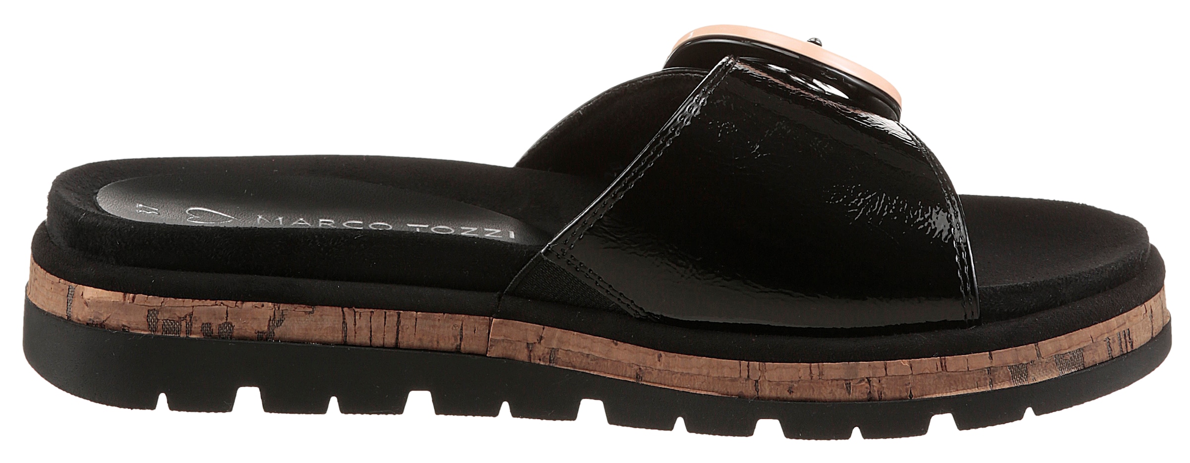 MARCO TOZZI Pantolette, Plateau, Sommerschuh, Schlupfschuh mit dekorativer Schnalle