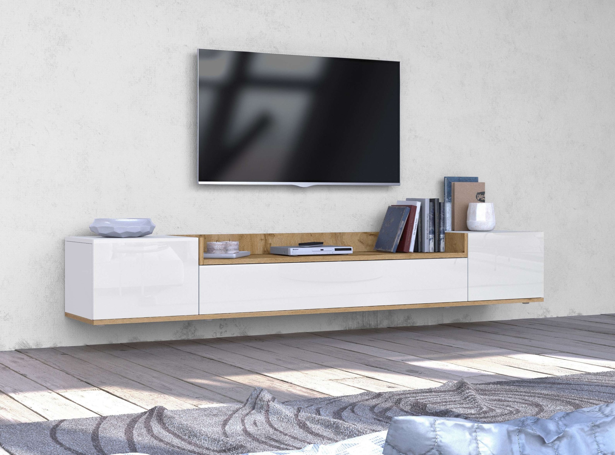 OTTO home Lowboard »BOLSENA,TV-Kommode, TV-Möbel,TV-Bank, 4 Fächer und offenes Ablagefach« 1 Stk. tlg. Breite 200 cm,stehend/hängend,Fronten Hochglanz lackiert,Made in Italy