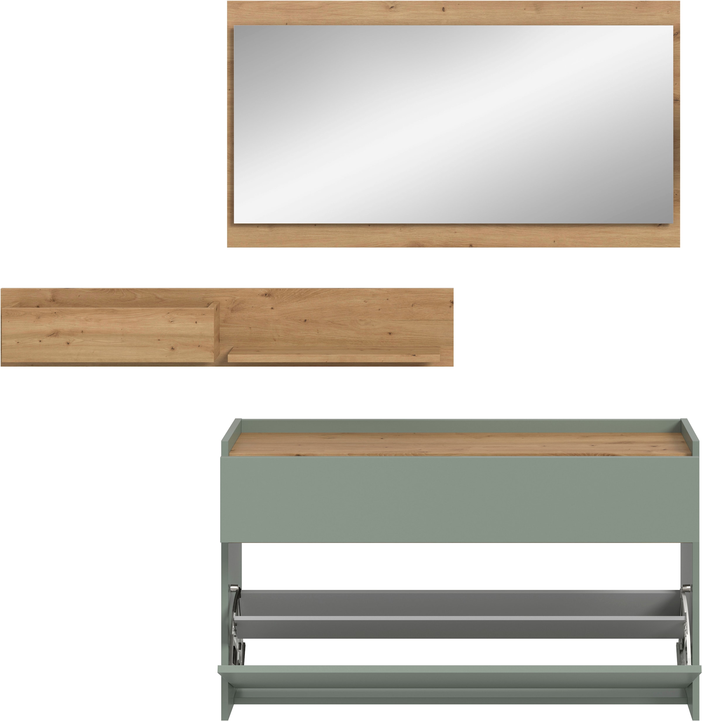 INOSIGN Garderoben-Set »EVRID, 3-teilig, Breite 140 cm, individuell hängbar & erweiterbar« best. aus: Kommode, Wandboard & Spiegel, 3 Stk. tlg.