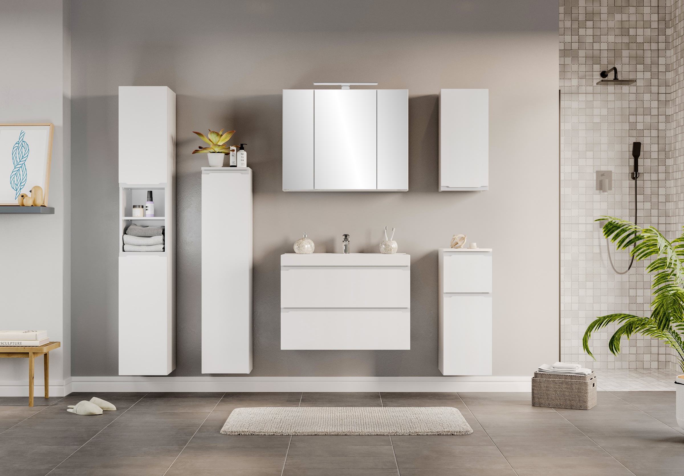 welltime Unterschrank »CABO, gedämpfte Scharniere, Softclose-Auszug« matt weiß, griffloses Design, reversibel