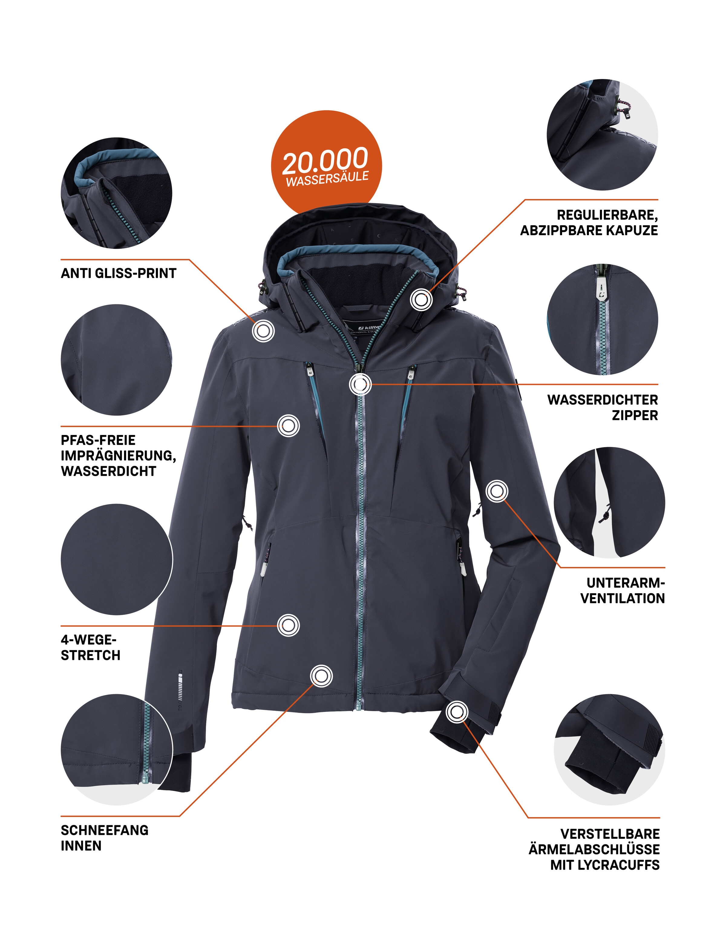Killtec Skijacke »KSW 42 WMN SKI JCKT« Wasserdicht, atmungsaktiv, 4-Wege-Stretch, viele Taschen, recycelt