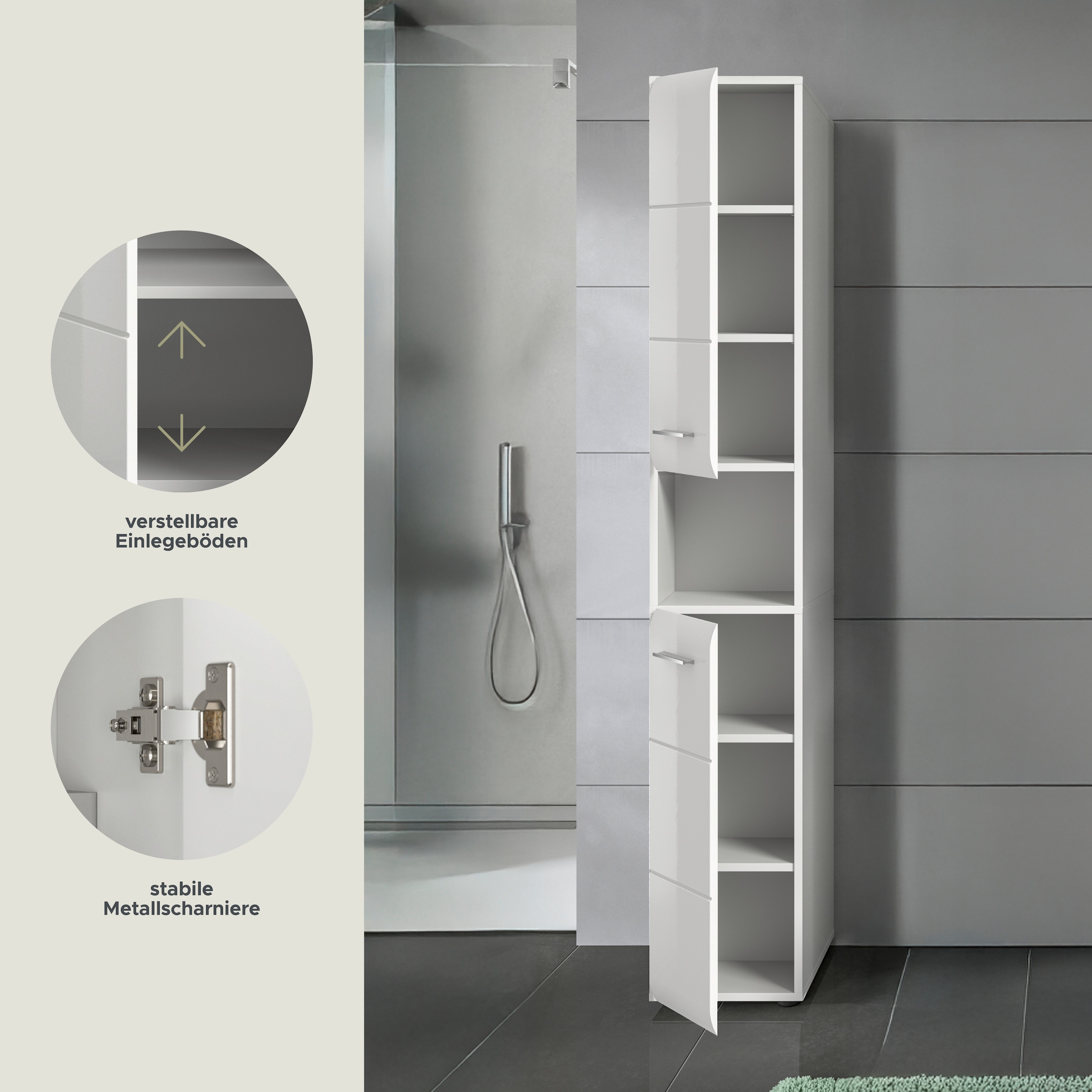 welltime Stauraumschrank 1 Stk. tlg. Florenz, Hochschrank, Weiß Hochglanz Tiefzieh, 185 cm hoch, Bad