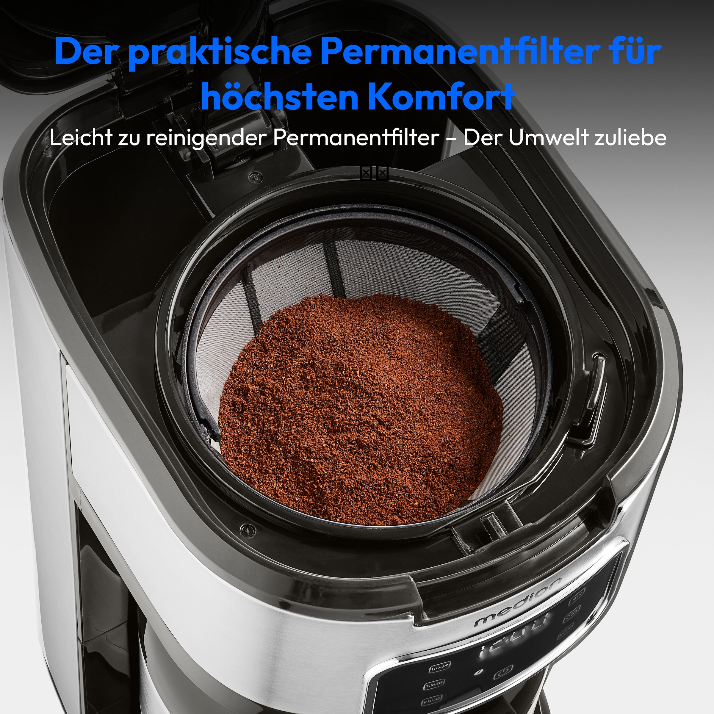 Medion® Filterkaffeemaschine »MD 11019«, 1,25 l Kaffeekanne, Permanentfilter, 900 Watt, Touch-Sensor-Bedienfeld, 24 Stunden Timer, Permanentfilter