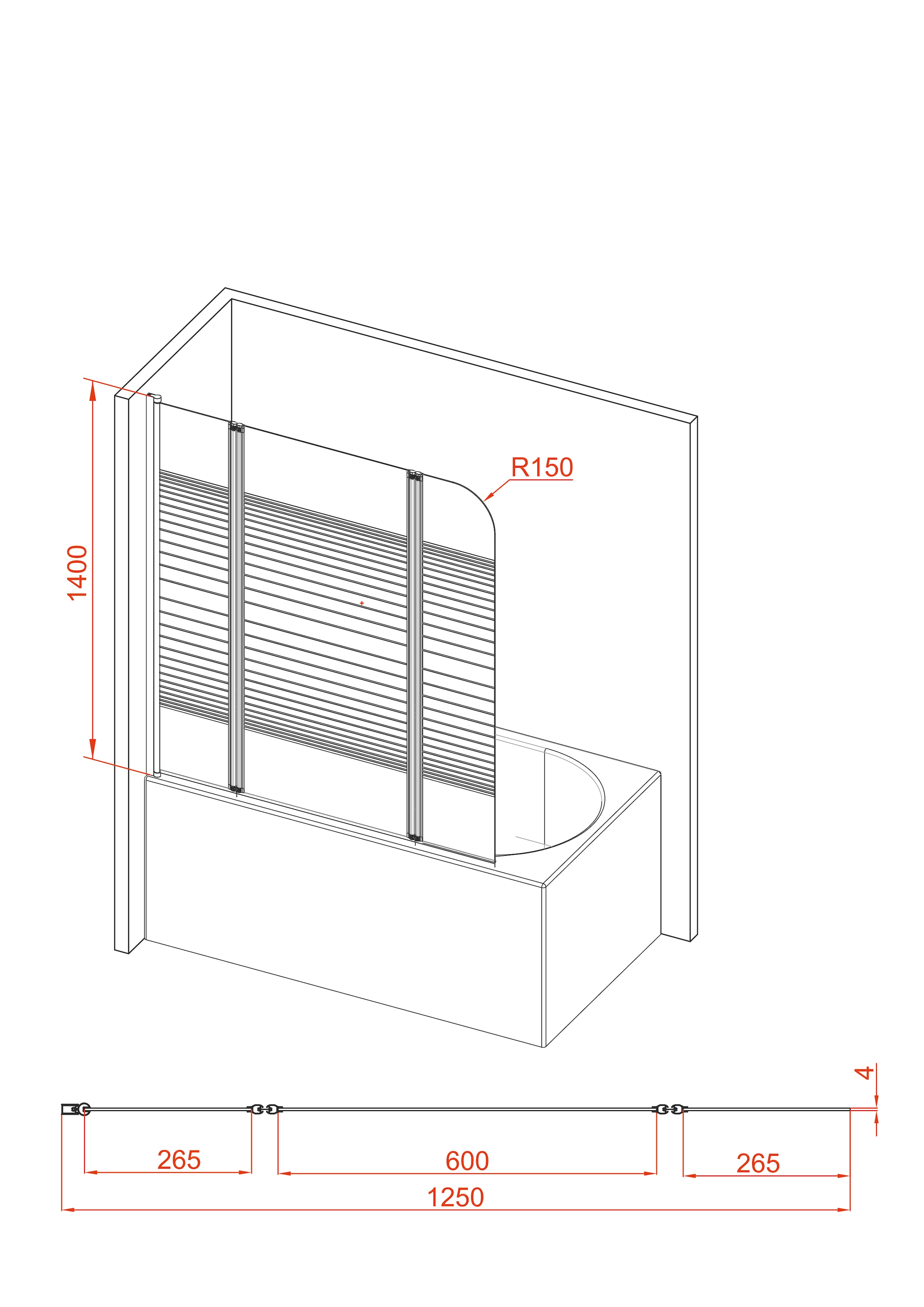 Marwell Badewannenfaltwand »White Stripes«, mit Sichtschutz, Breite: 125 cm