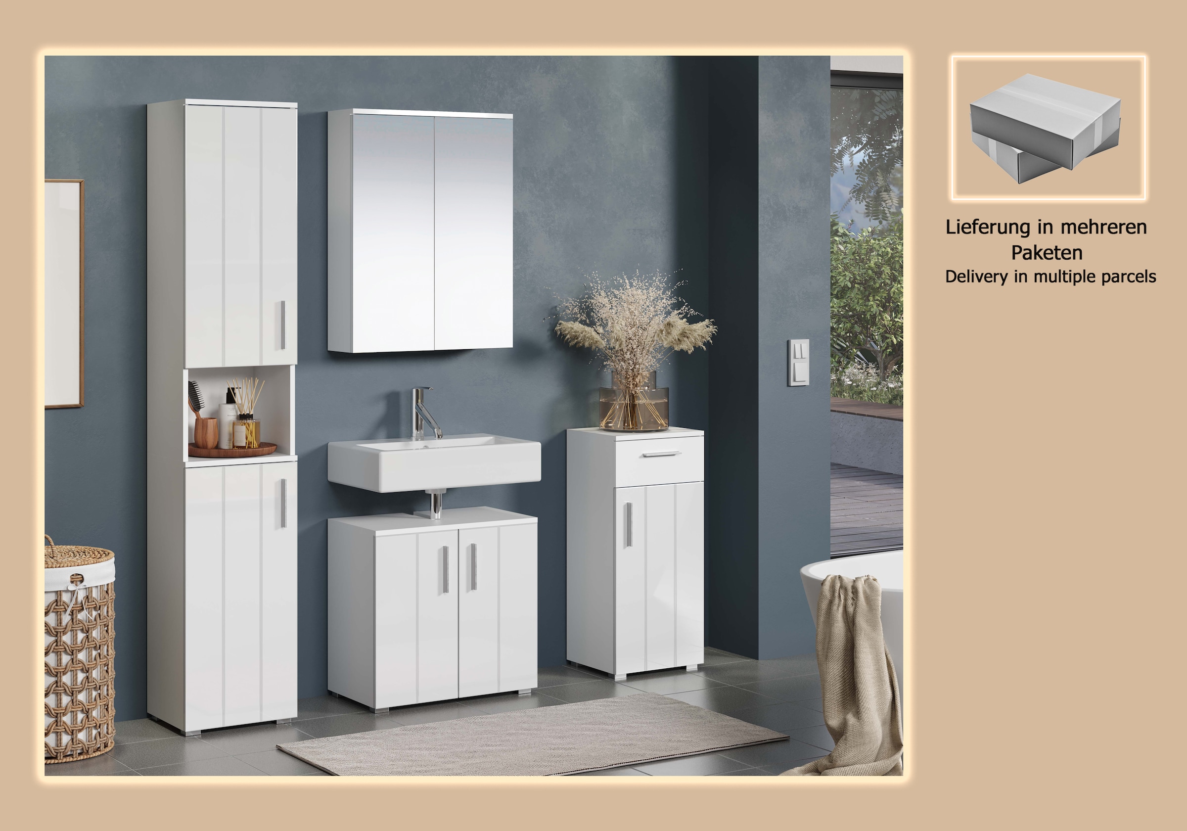 welltime Badezimmer-Set »Prag«, (Set, 4 St.), Komplettset bestehend aus: Hochschrank, Spiegelschrank, Standschrank