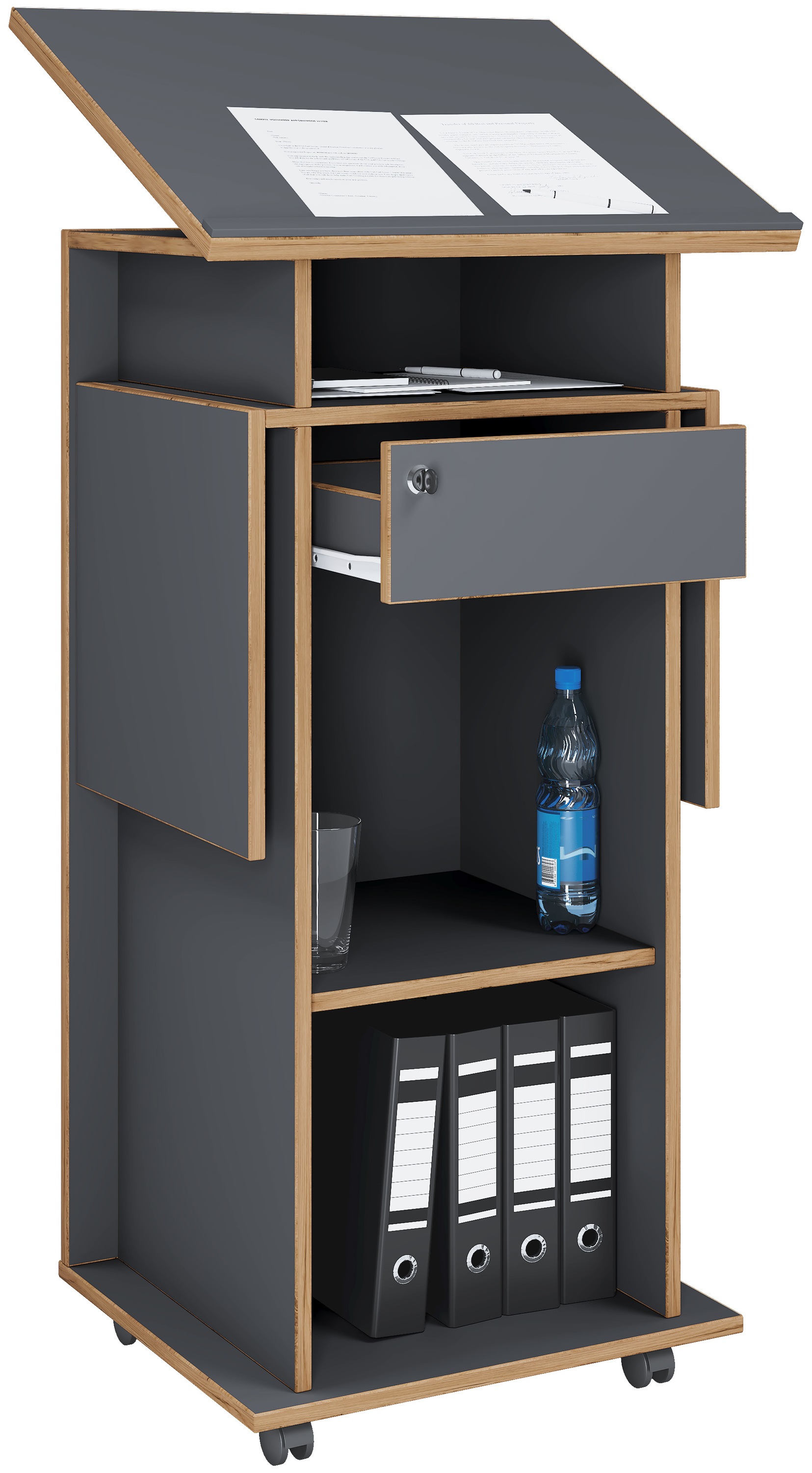 VCM Stehpult »VCM Holz mobiles Rednerpult | Maße ca. H. 107 bis 128 cm x B. 60 bis 123 cm x T. 44 cm | rollbar mit Schublade | Stehpult | Stehtisch - Salia«, (Salia)