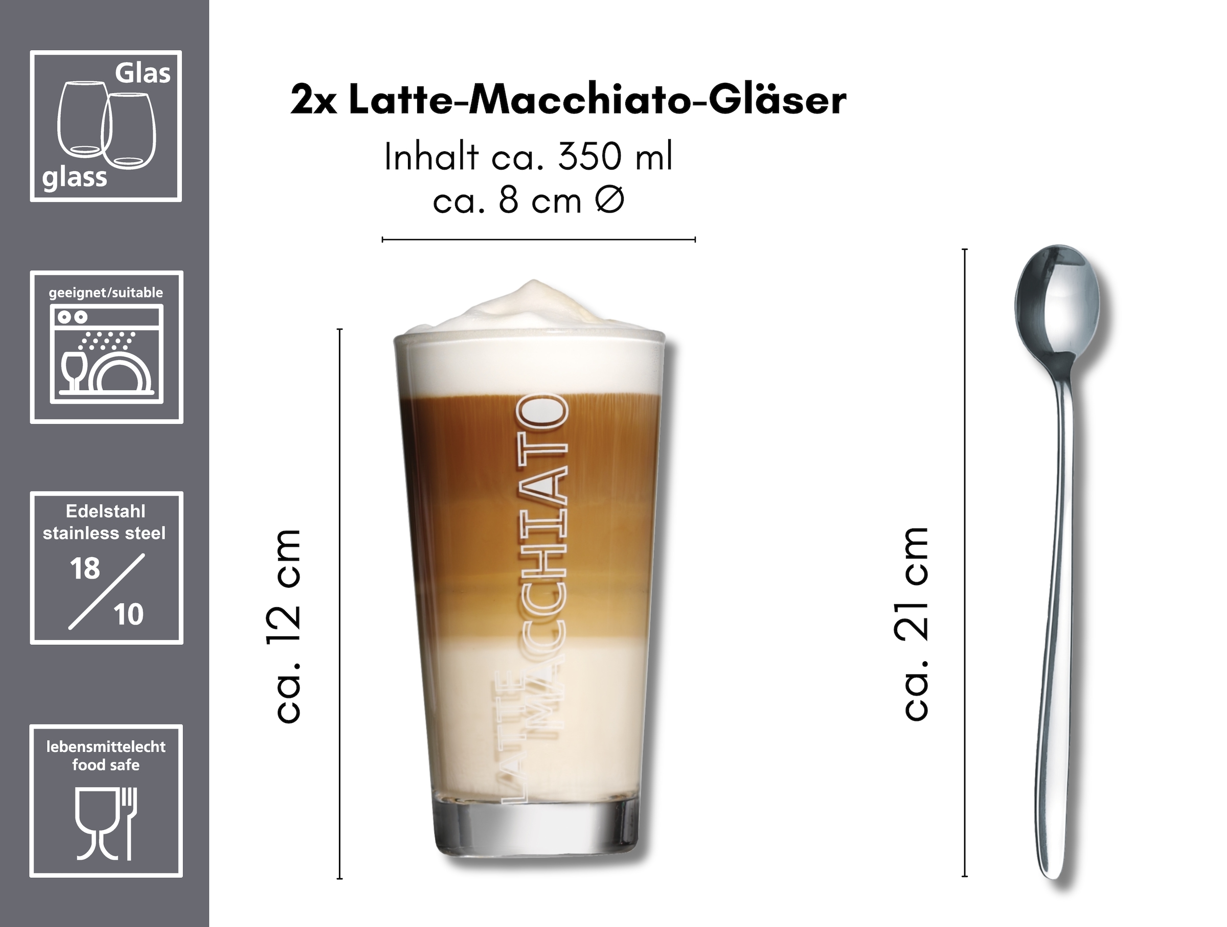 Ritzenhoff & Breker Latte-Macchiato-Glas »Lena«, (Set, 4 tlg.), 350 ml, 4-teilig, inkl. 2 Löffel aus rostfreiem Edelstahl