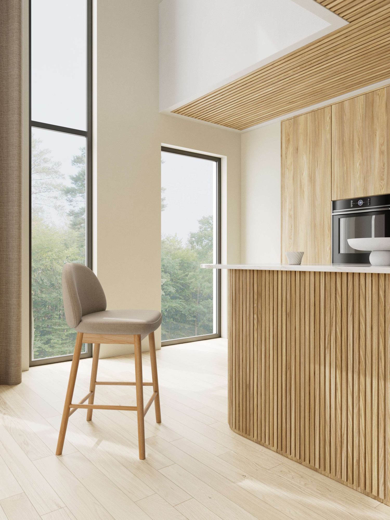ACTONA GROUP Barhocker »Sophia - Bequemer Barstuhl aus Eiche mit Fußstütze & Rückenlehne« Set, 2 Stk. tlg. Skandinavisches Design, Sitz aus Stoff, für Küche & Essbereich