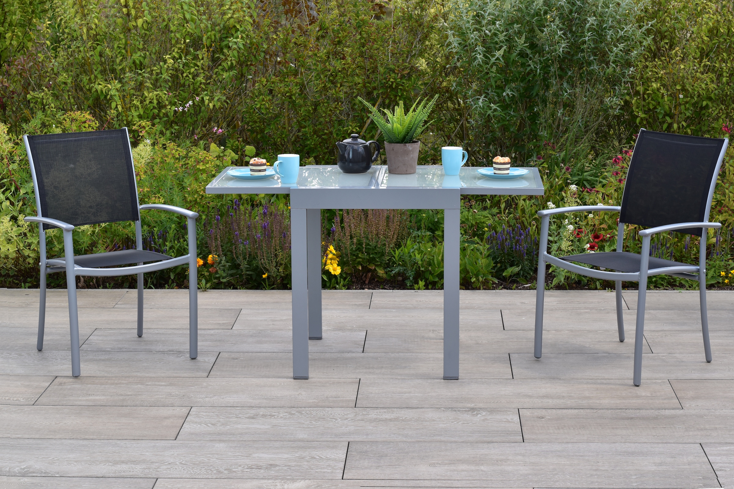 MERXX Garten-Essgruppe »»Milano««, (Set, 3 tlg., Pulverbeschichtetes Aluminiumgestell), Ausziehtisch: LxB: 65-130 x 130 cm