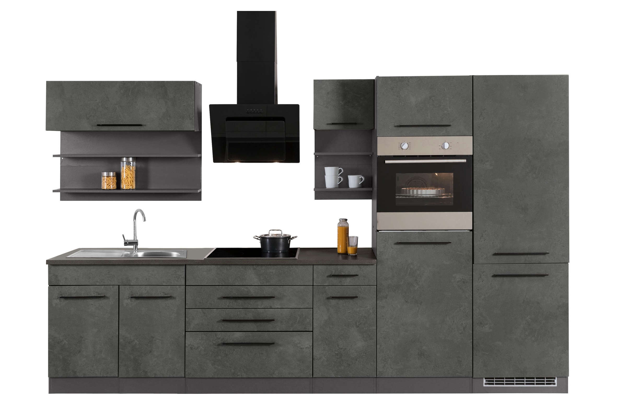 KOCHSTATION Küchenzeile »KS-Tulsa«, ohne E-Geräte, Breite 350 cm, schwarze Metallgriffe, MDF Fronten