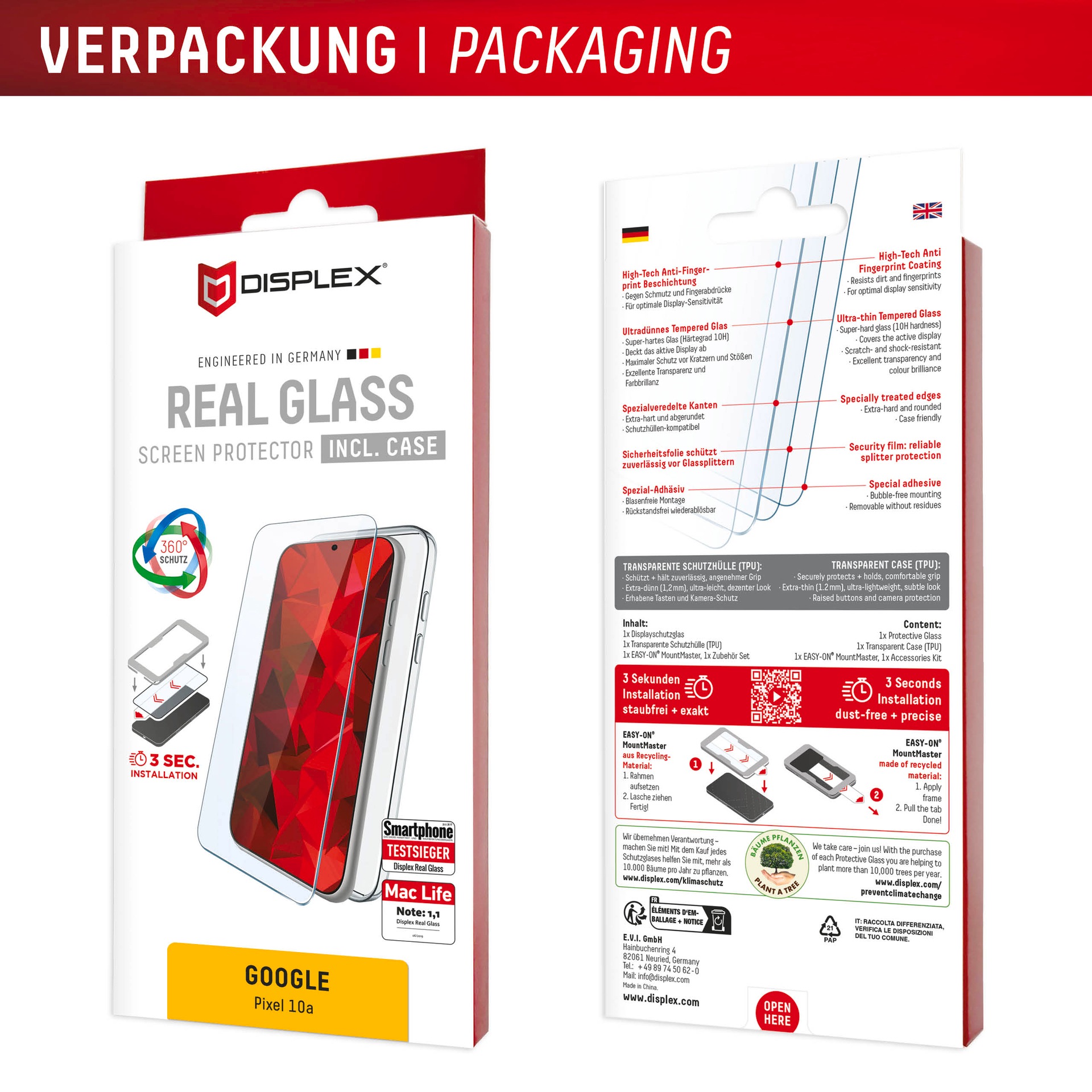 Displex Displayschutzglas »Real Glass Screen Protector inkl. Case mit MountMaster« für Google Pixel 10a Displayschutzfolie, Schutzfolie, Bildschirmschutz, kratz- & stoßfest