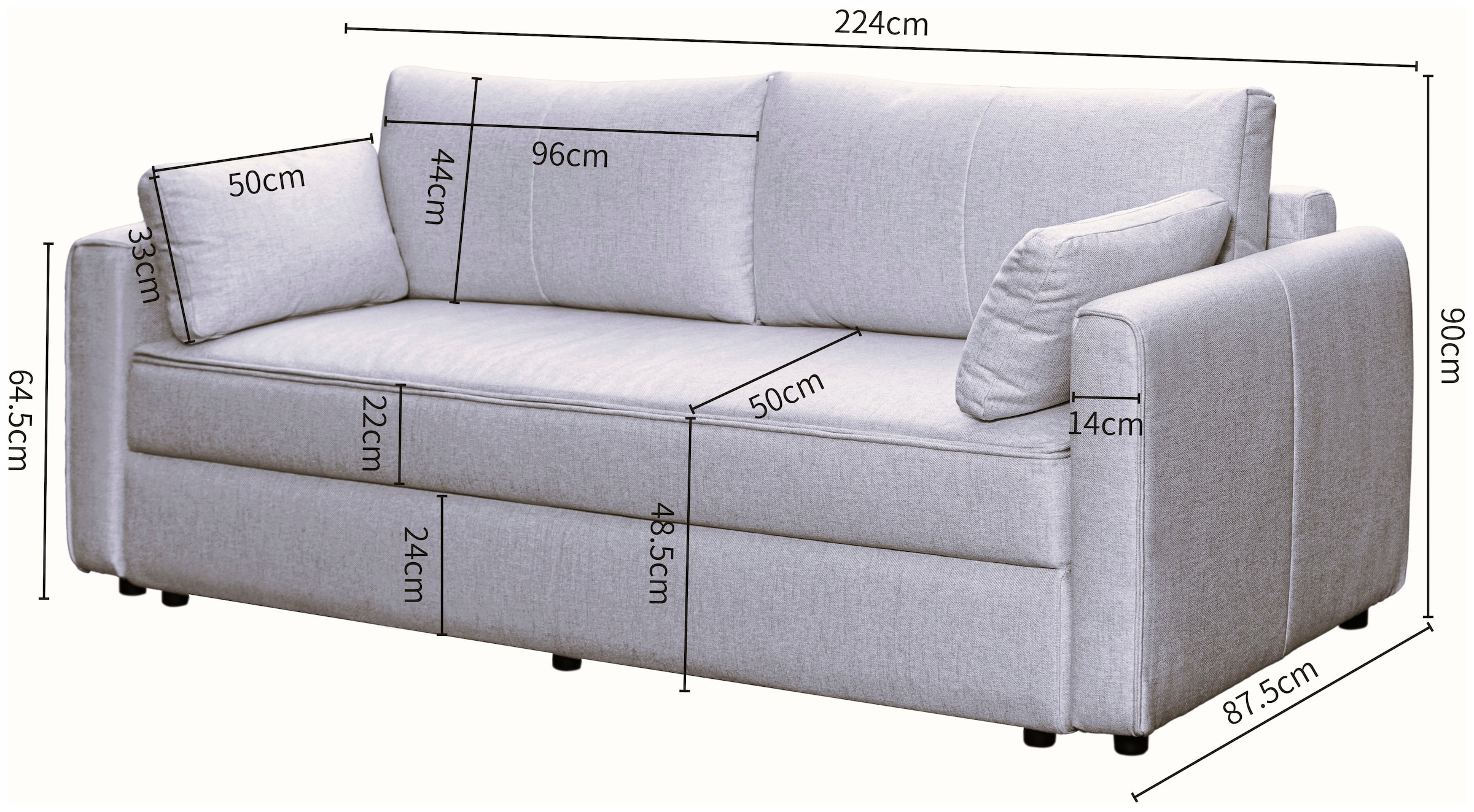 OTTO home Schlafsofa »LIVVIA 3-Sitzer (224 cm), pflegeleichter Webstoff« Bettfunktion & Bettkasten, Premium Sitzkomfort (HR-Schaum/Federkern)