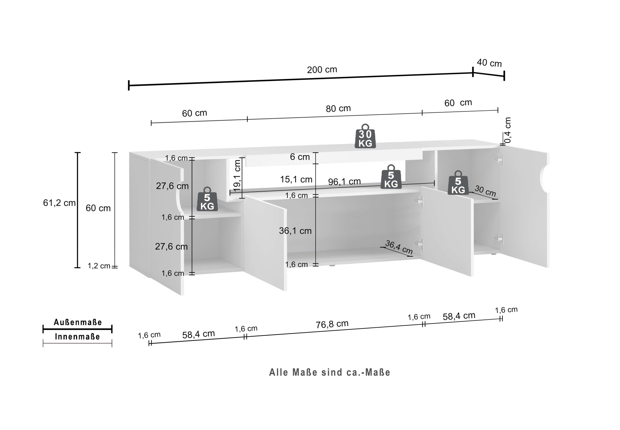 OTTO home Lowboard »REAL,Lowboard,TV-Kommode,TV-Möbel,TV-Bank« 1 Stk. tlg. Mit 4 Türen, davon 2 abgerundet, die ein ovales offenes Fach bilden