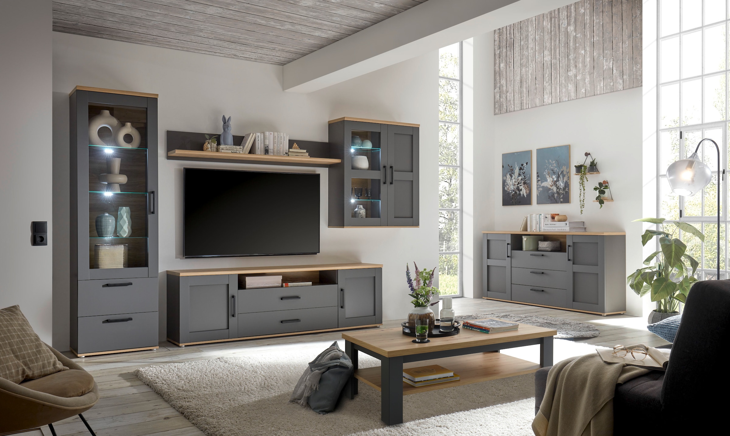 Stolkom Couchtisch »Venezia Wohnzimmertisch, Eiche Artisan Dekor, BxHxT 115x40x65 cm«, Ablageboden, Absetzungen alufarben, Klassisches Design